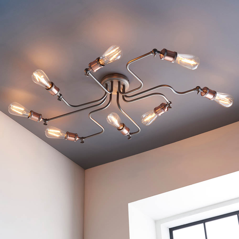 Endon Hal 8 Light Semi Flush Fitting - Aged Copper & Aged Pewter Plate