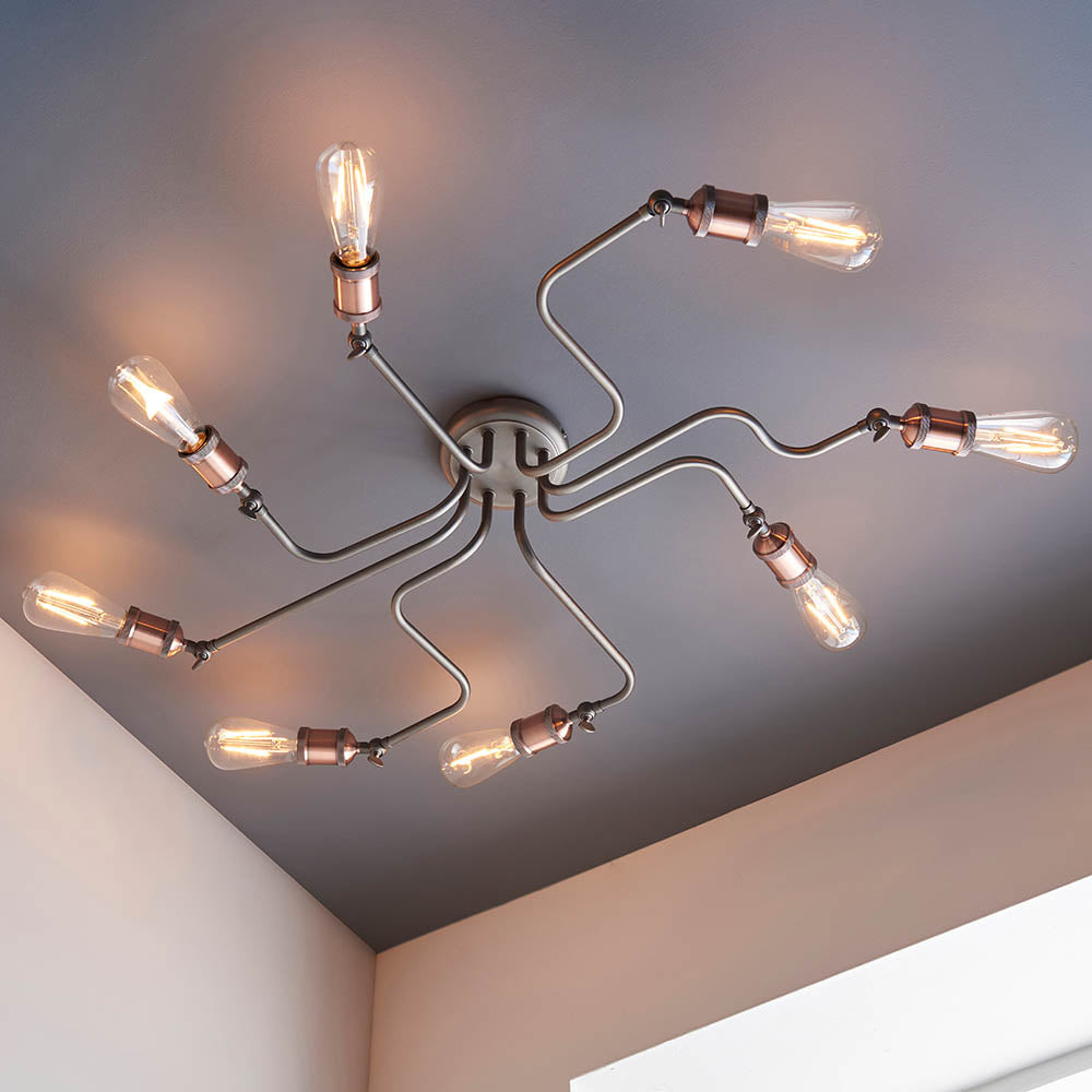 Endon Hal 8 Light Semi Flush Fitting - Aged Copper & Aged Pewter Plate