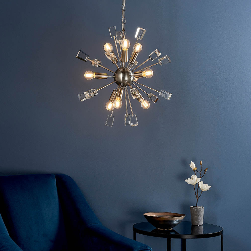 Endon Miro 9 Light Pendant - Satin Nickel Plate & Clear Crystal
