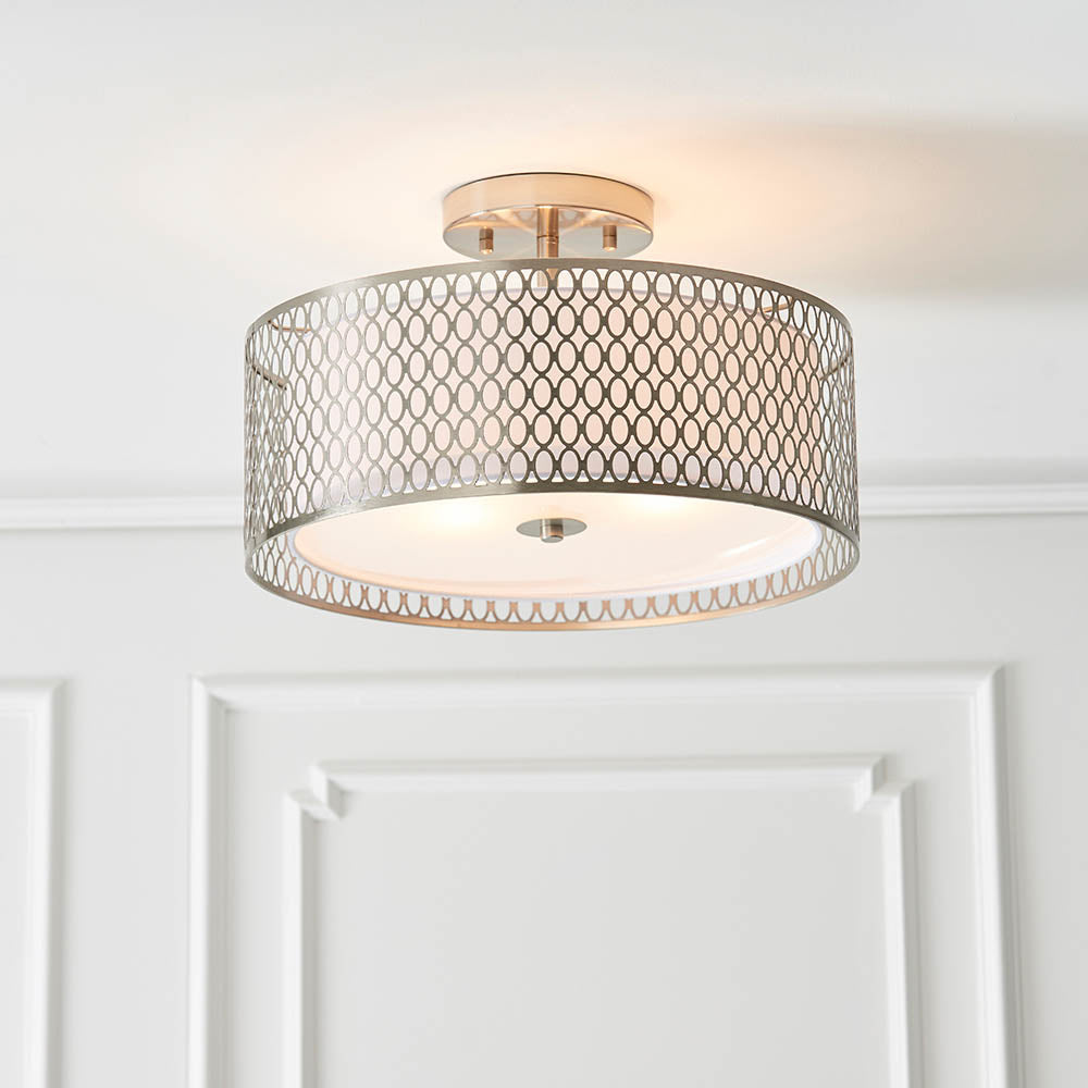 Endon Cordero 3 Light Flush Fitting - Satin Nickel Plate & White Fabric