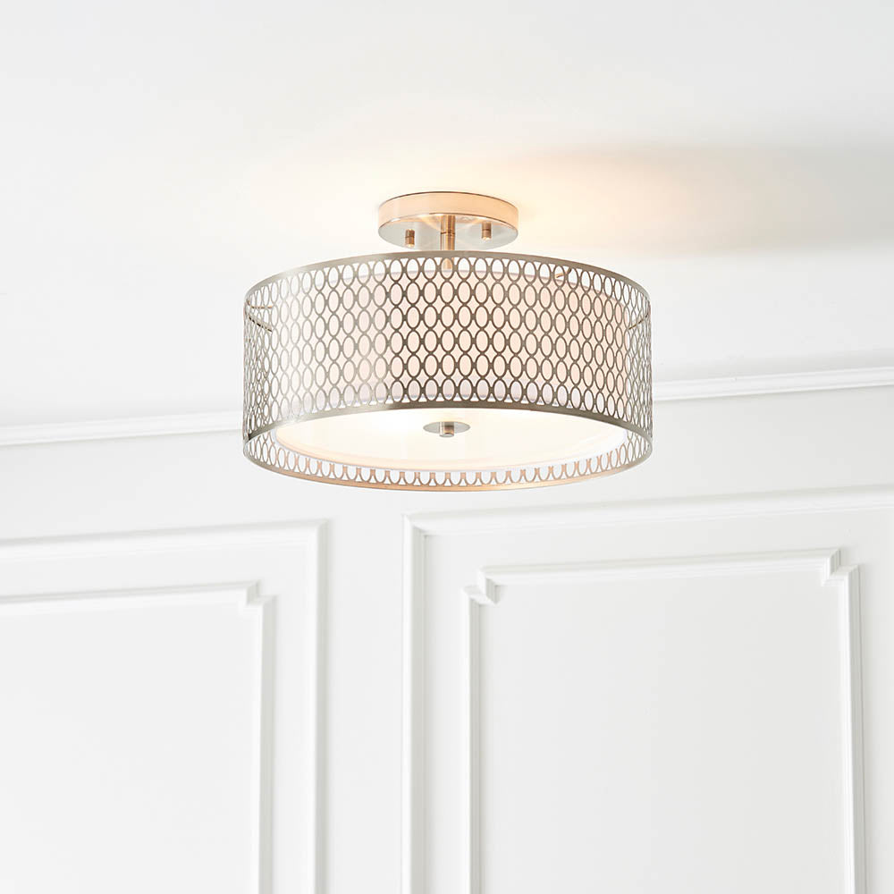 Endon Cordero 3 Light Flush Fitting - Satin Nickel Plate & White Fabric