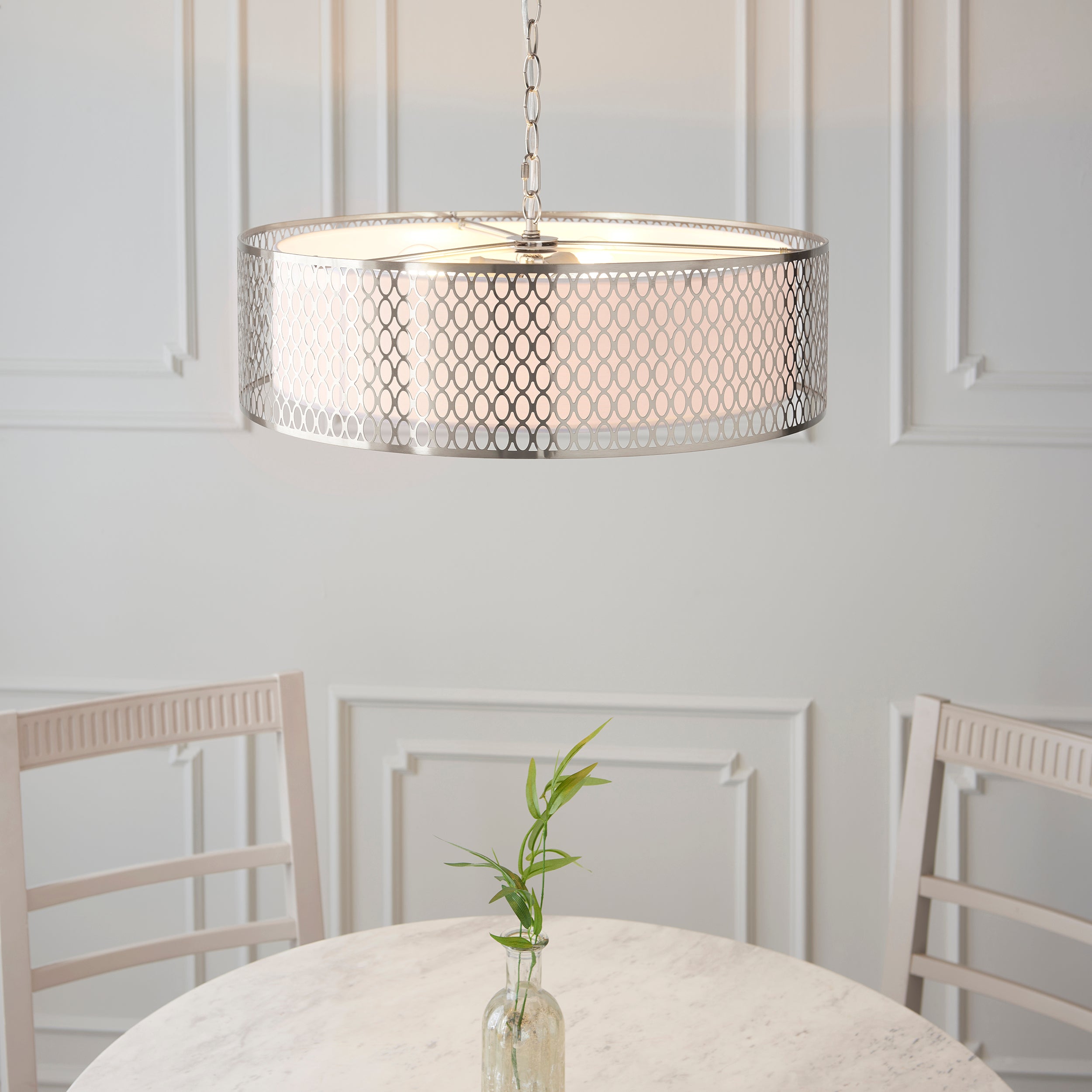 Endon Cordero 3 Light Pendant - Satin Nickel Plate & White Fabric