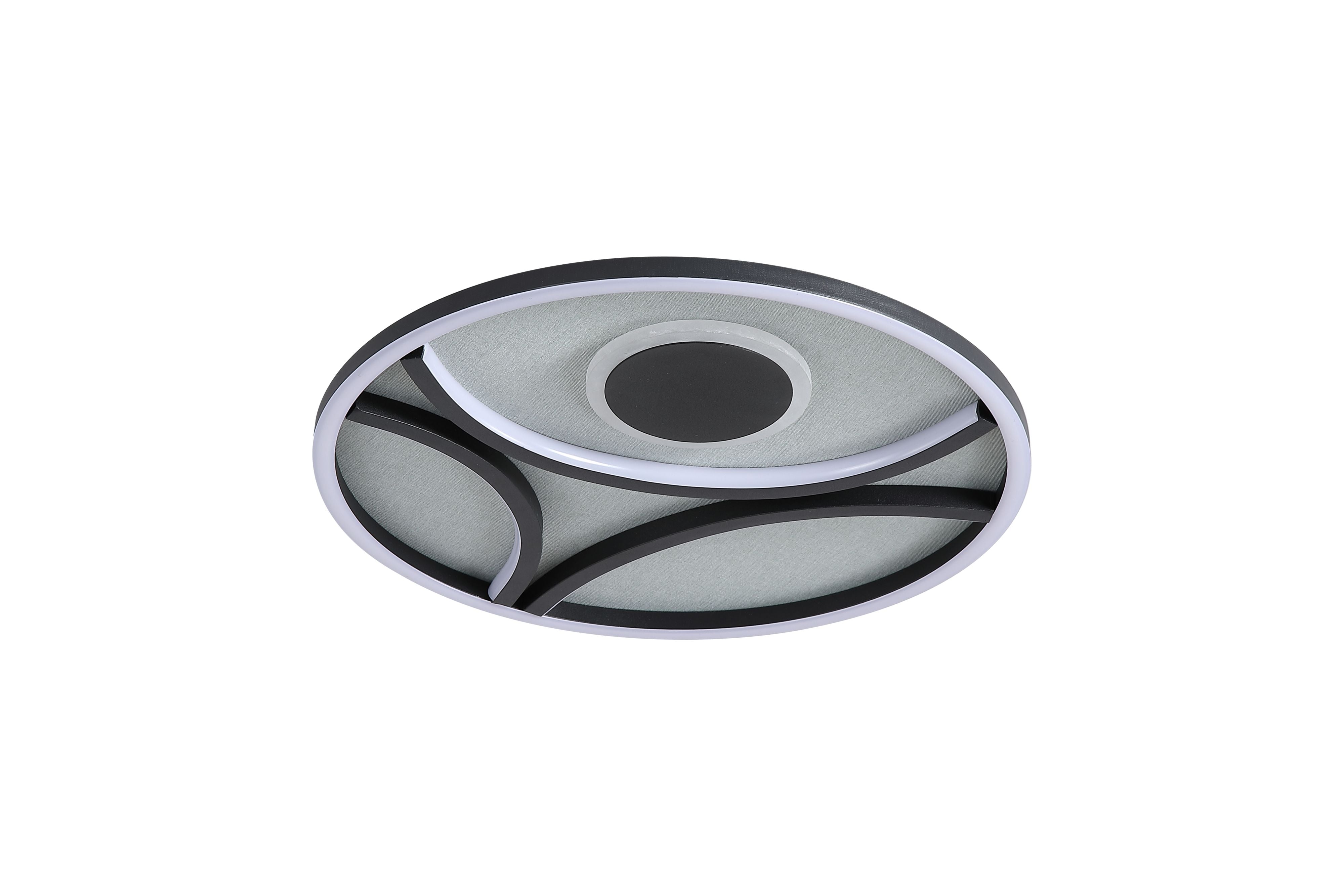 Searchlight Zendisc LED flush light in matt black, front angled view of the pinwheel shaped illuminated pattern