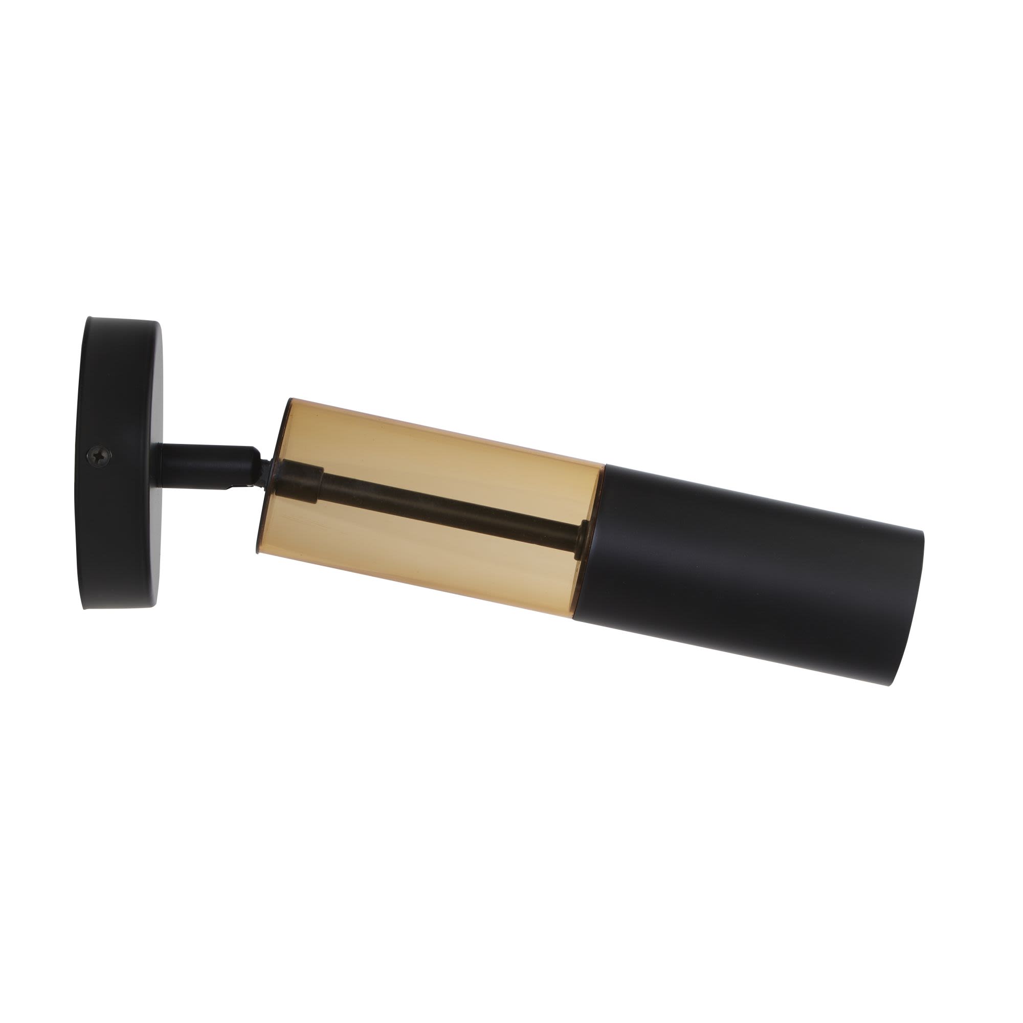Searchlight Merrygold wall light in black with amber acrylic, angled studio shot showing the adjustable head and round wall plate