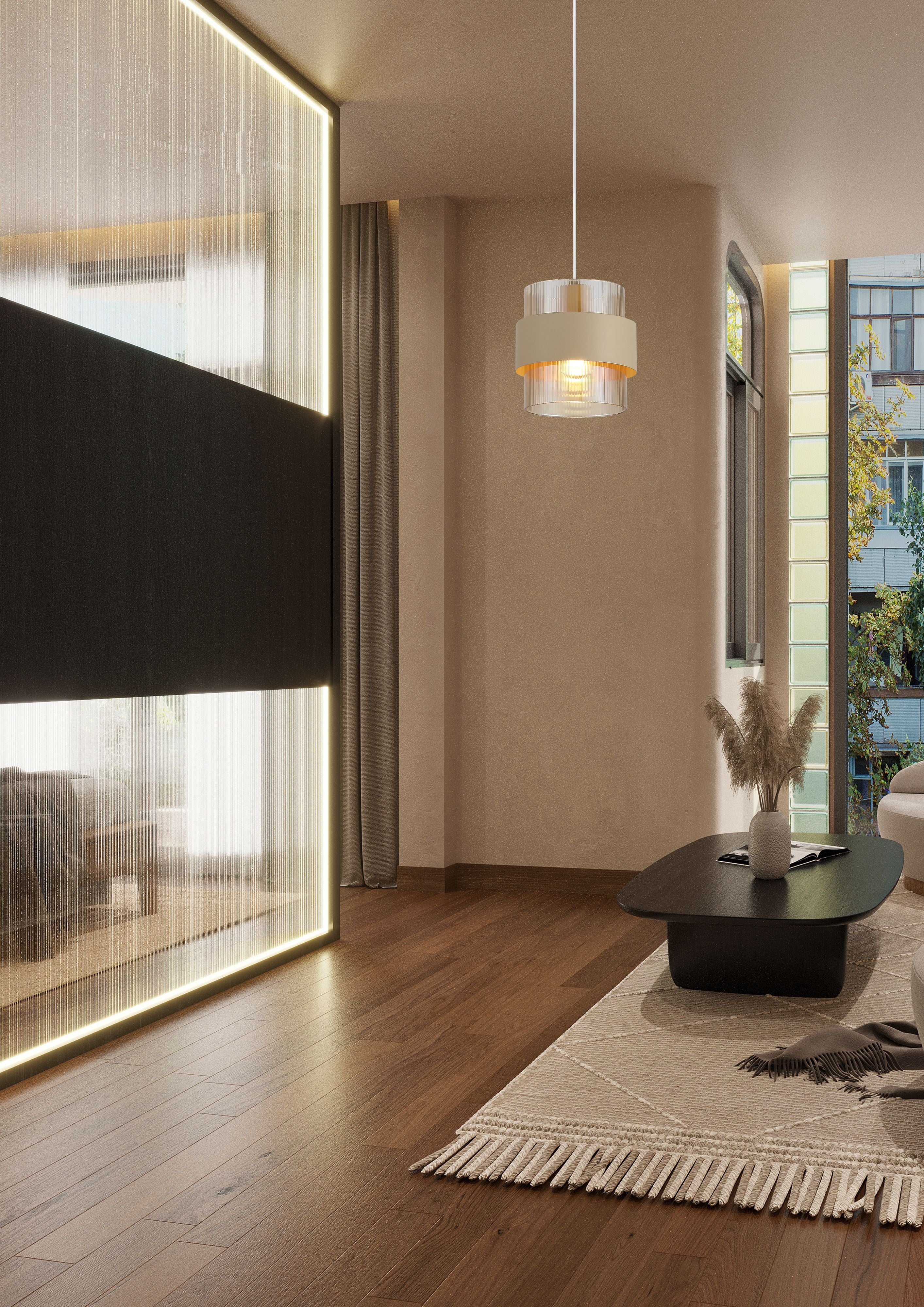 Searchlight Royal Pendant styled hanging in a tall window lit living space