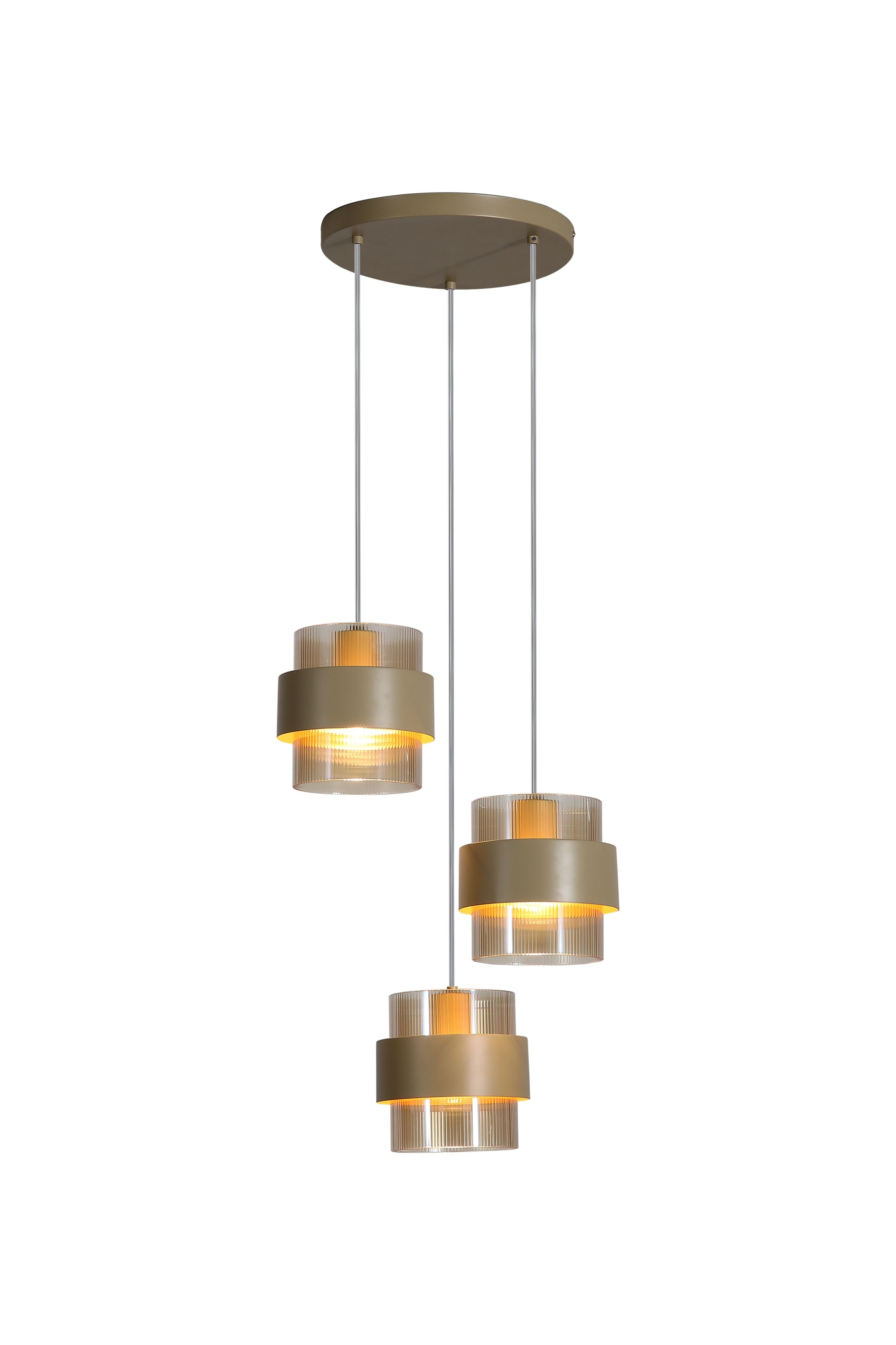 Searchlight Royal 3 Light Multi Drop Pendant in sand metal and amber ribbed glass, studio shot with three drops at staggered heights, lit