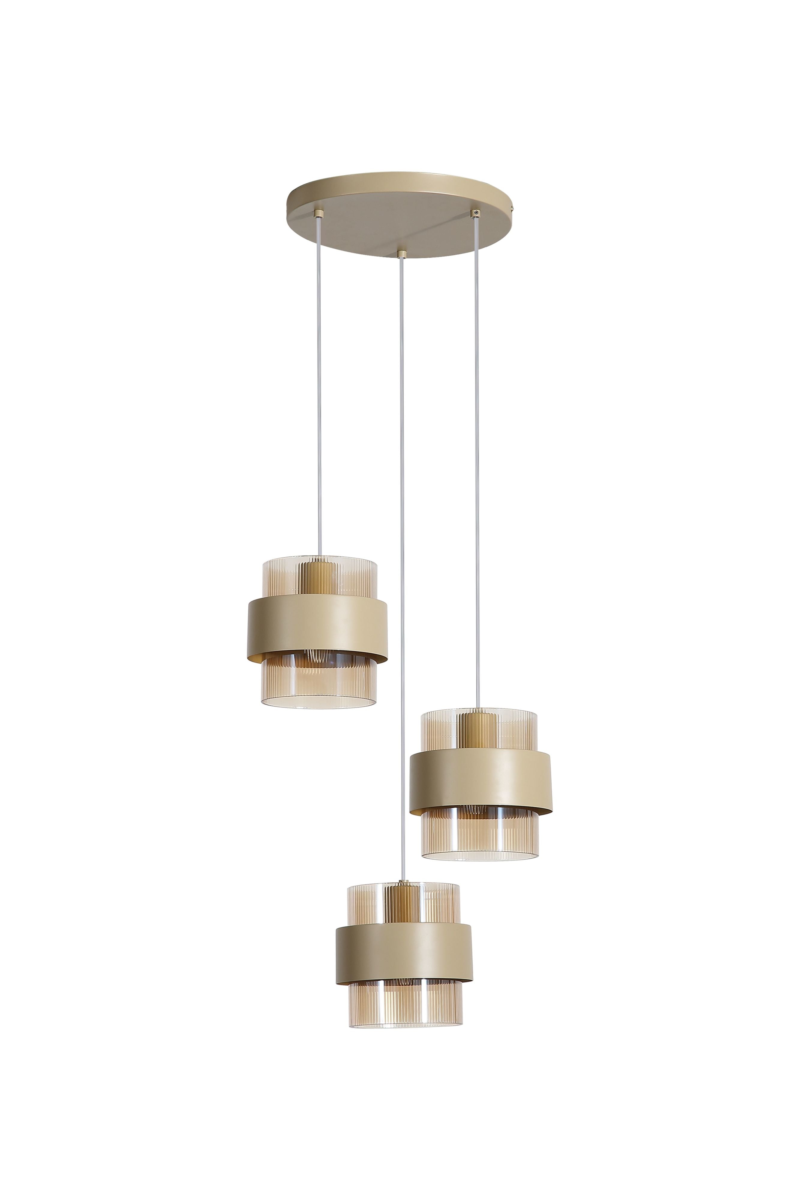 Searchlight Royal 3 Light Multi Drop Pendant, straight on studio shot showing the round ceiling plate and three ribbed glass shades lit