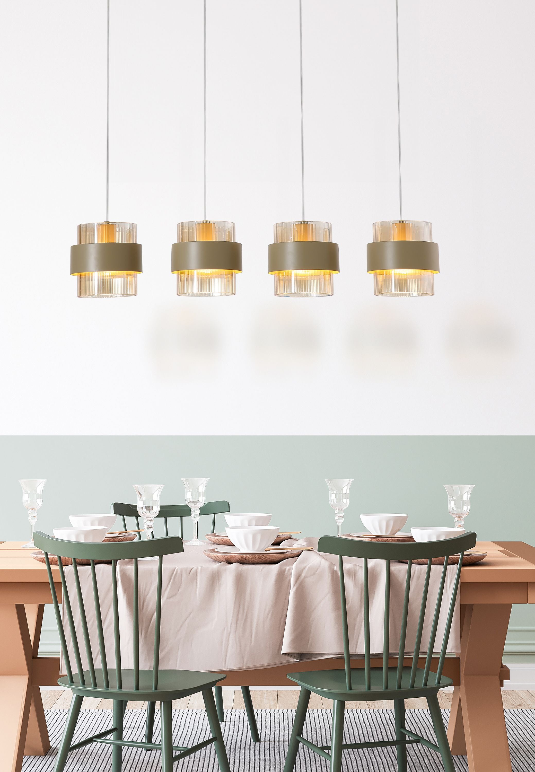 Searchlight Royal 4 Light Bar Pendant styled above a long dining table with green chairs
