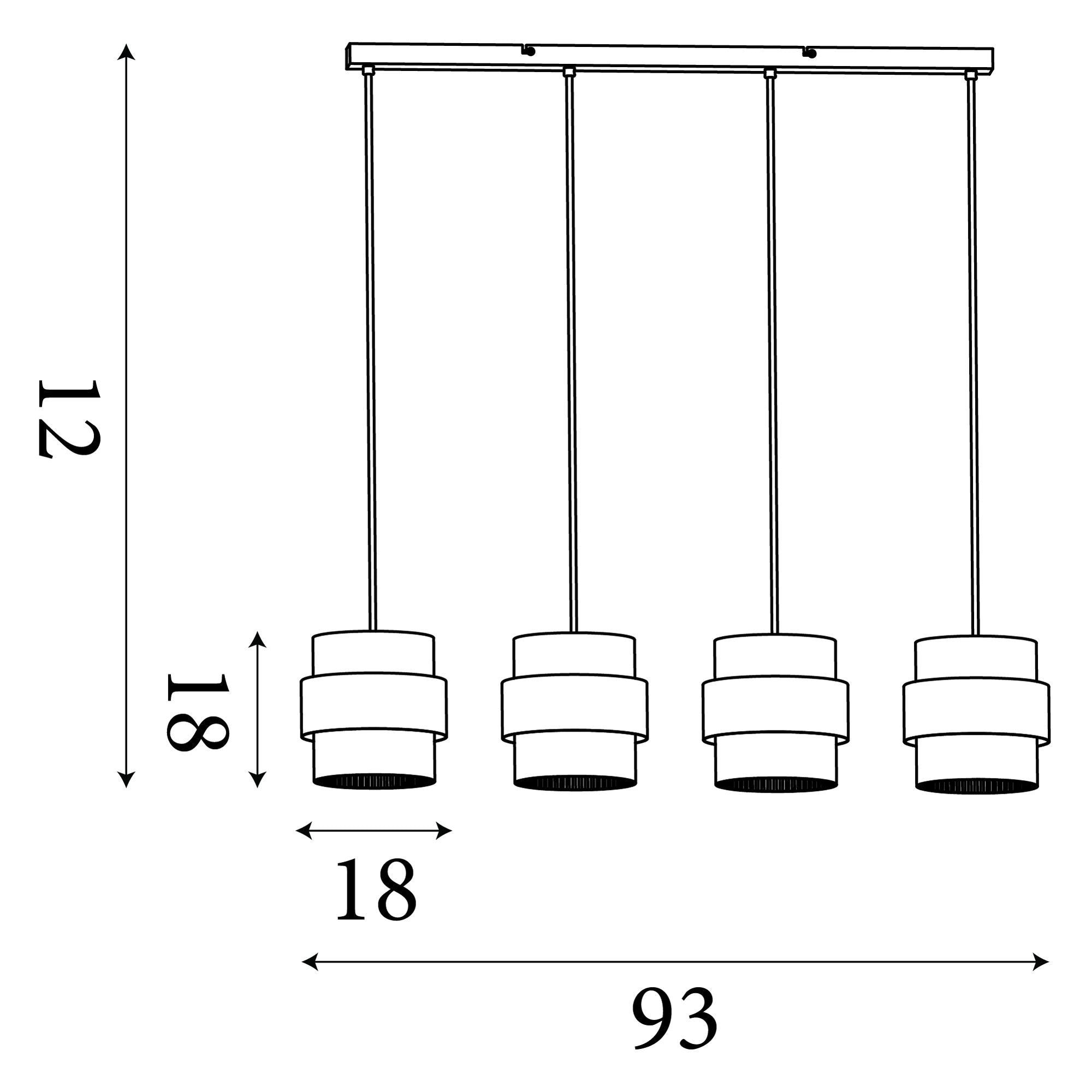 Technical line drawing of the Searchlight Royal 4 Light Bar Pendant showing a 93cm bar, 12cm bar height and 18cm shade width