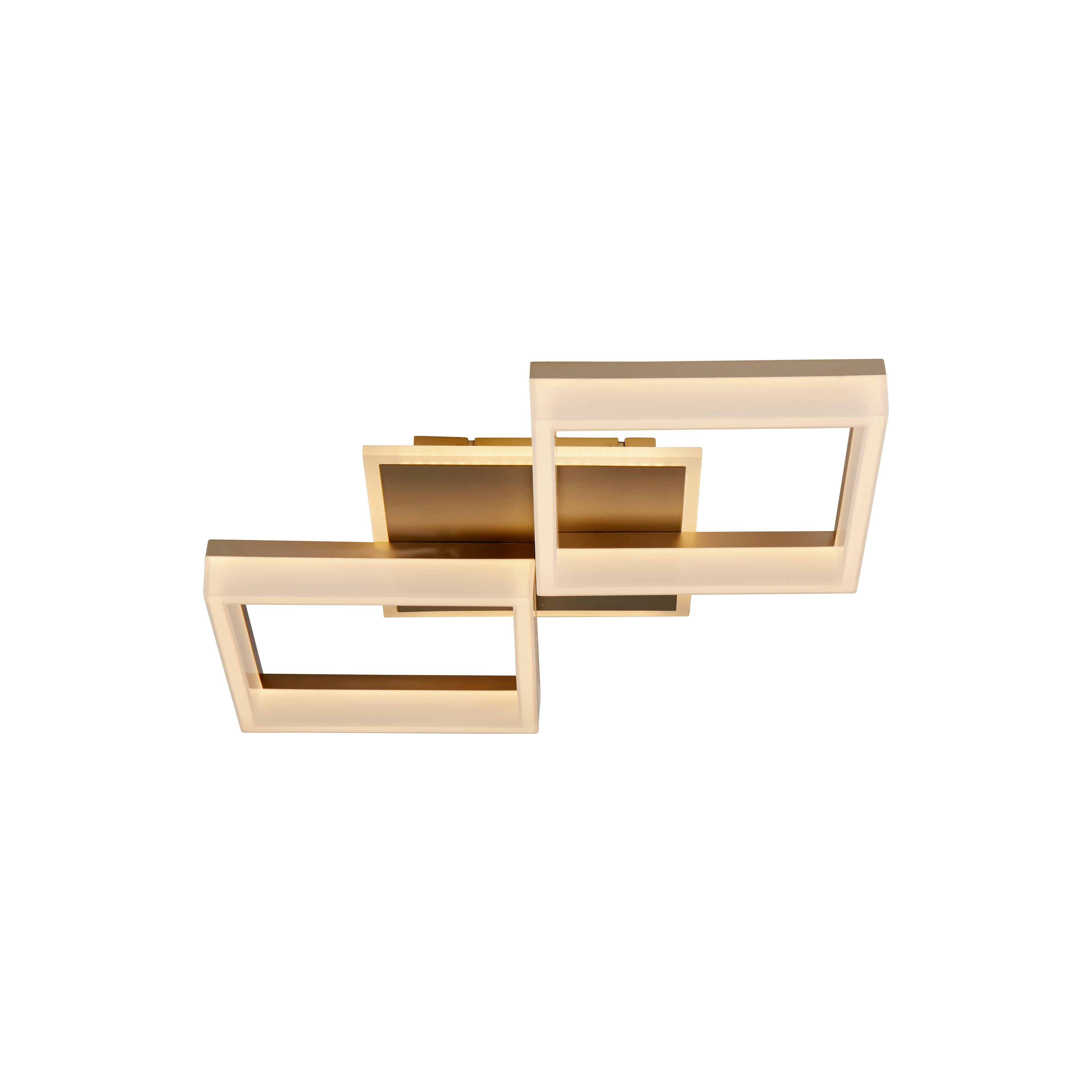 Searchlight Fence LED flush ceiling light in gold, angled studio shot showing the overlapping square frames lit with warm white light
