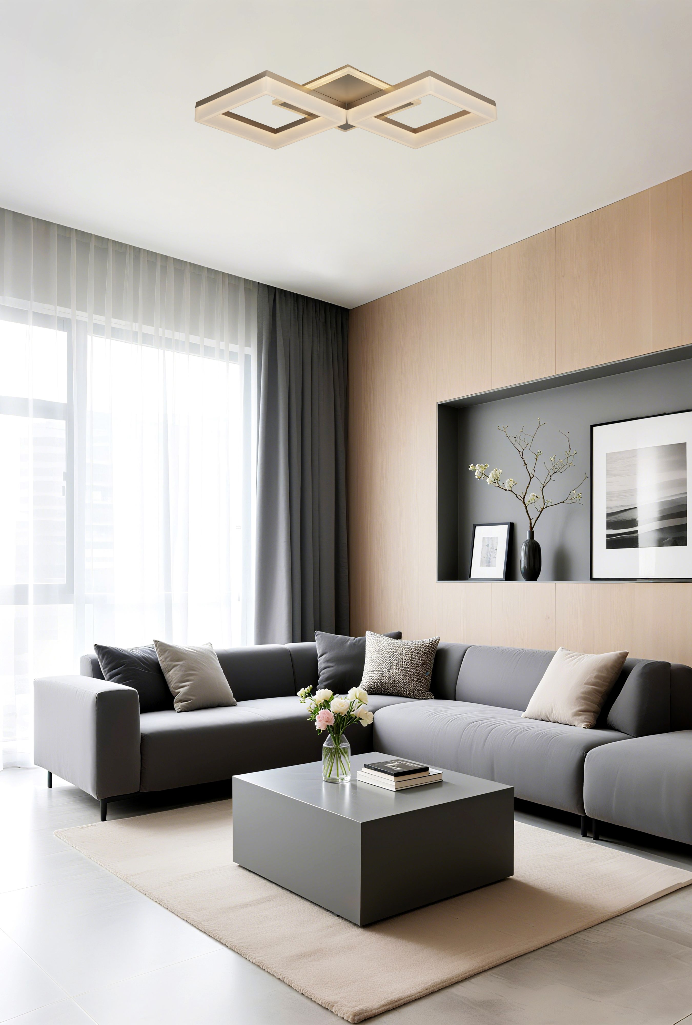 Fence LED flush light installed on a living room ceiling in gold, illuminated above a grey corner sofa and wood accent wall