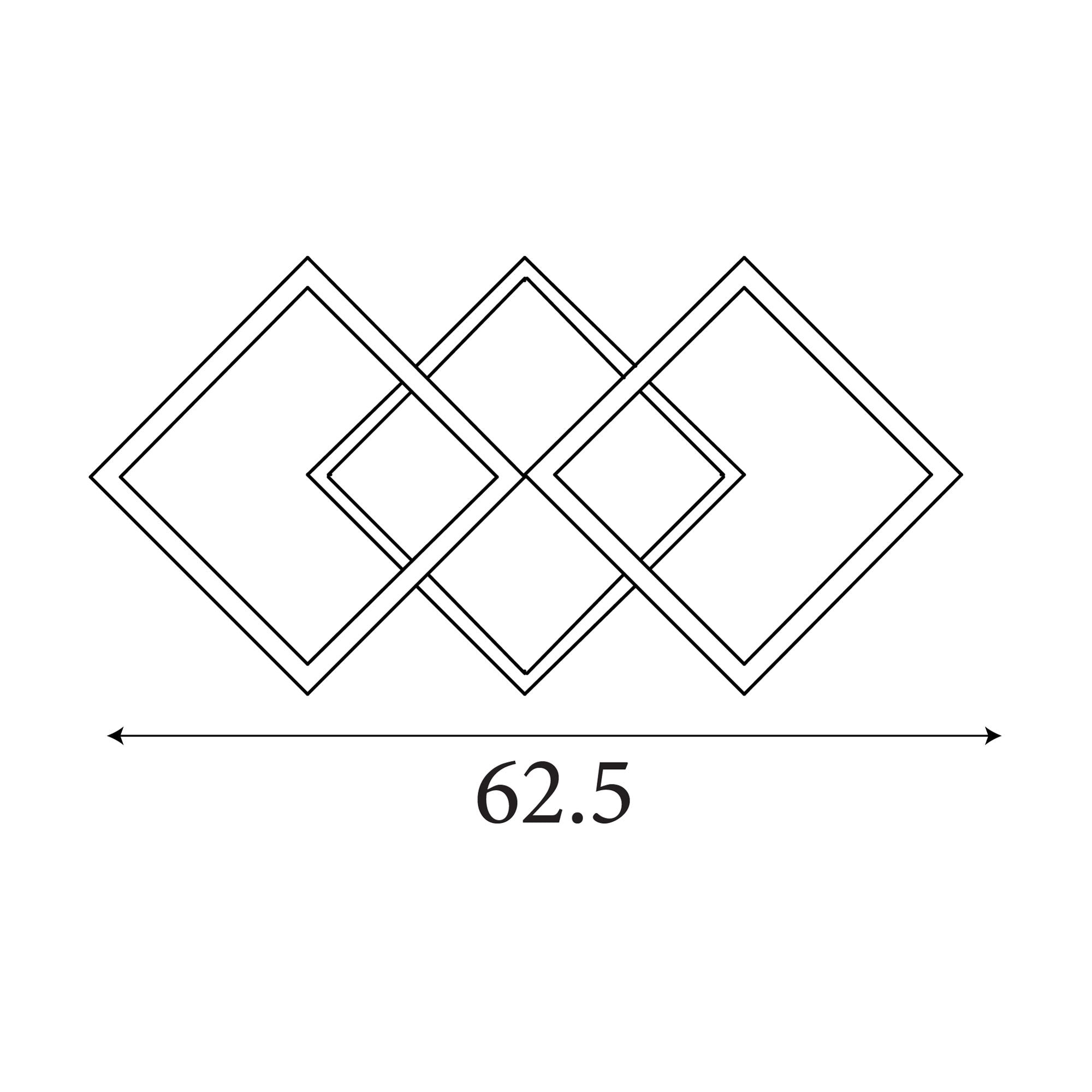 Line drawing of the Fence LED flush light showing three interlocking diamond shaped frames with a width of 62.5cm