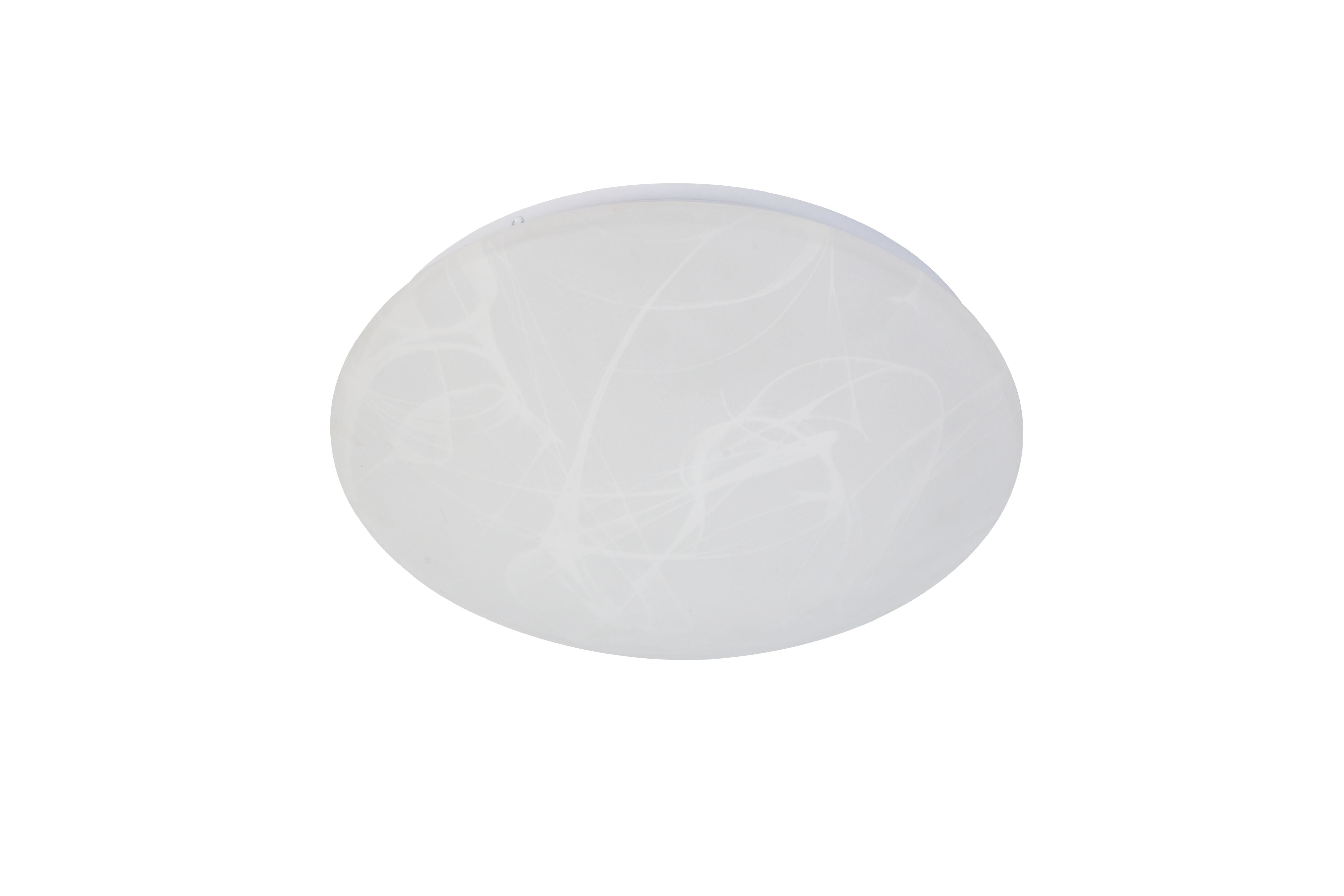 Searchlight Maya LED flush ceiling light in white acrylic, 30cm dome shown in cooler light against a white background