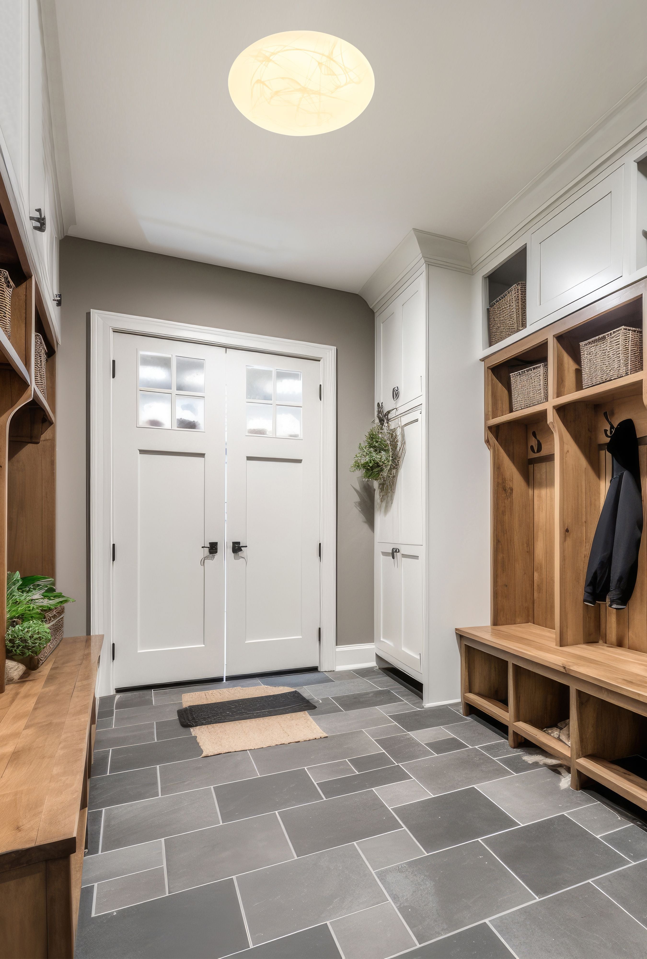 Searchlight Maya LED flush light in white acrylic fitted to the ceiling of a mudroom with wooden lockers and a panelled door