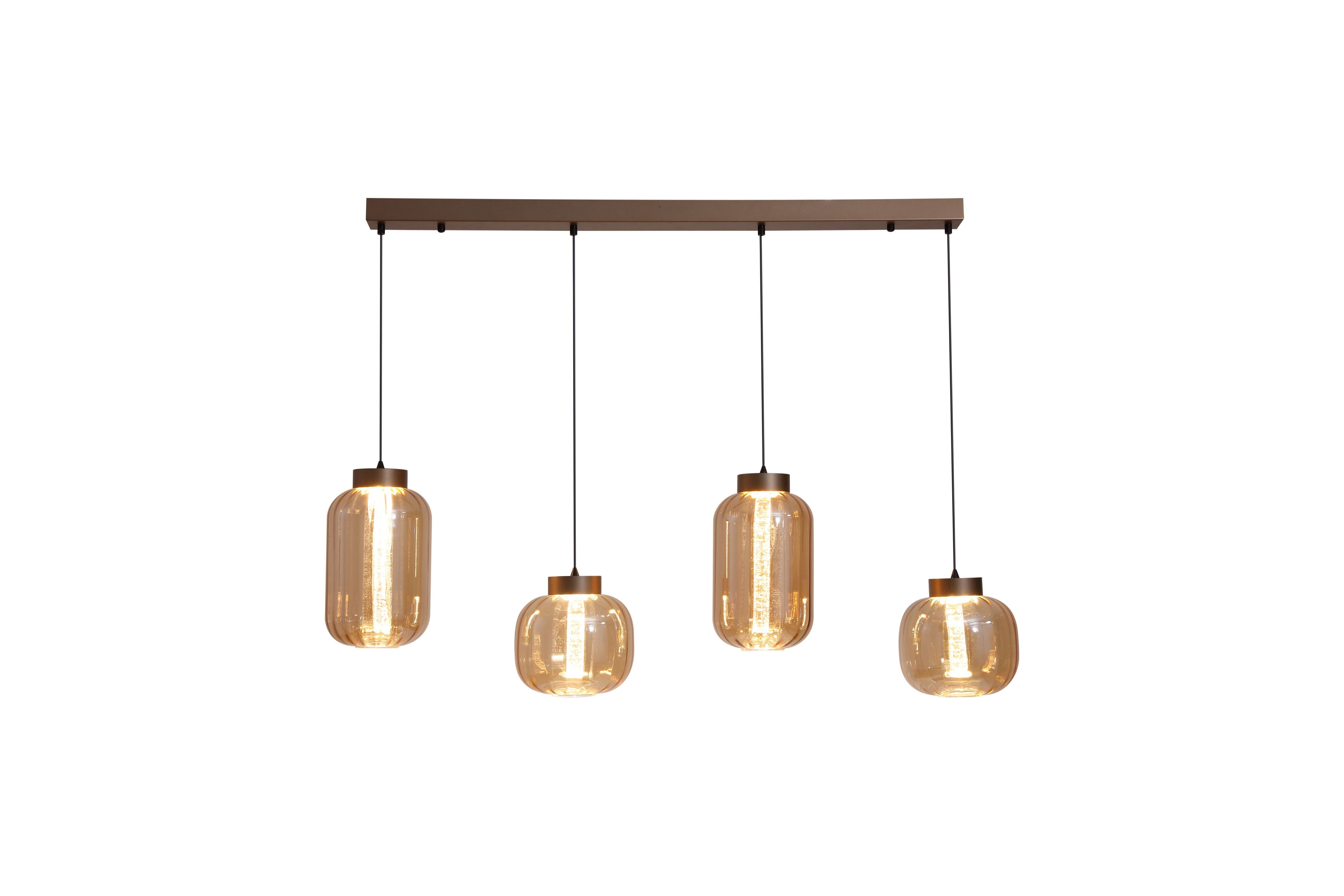 Searchlight Lille 4 Light LED Pendant, latte bronze bar with four ribbed amber glass shades at staggered heights, lit against a white studio background