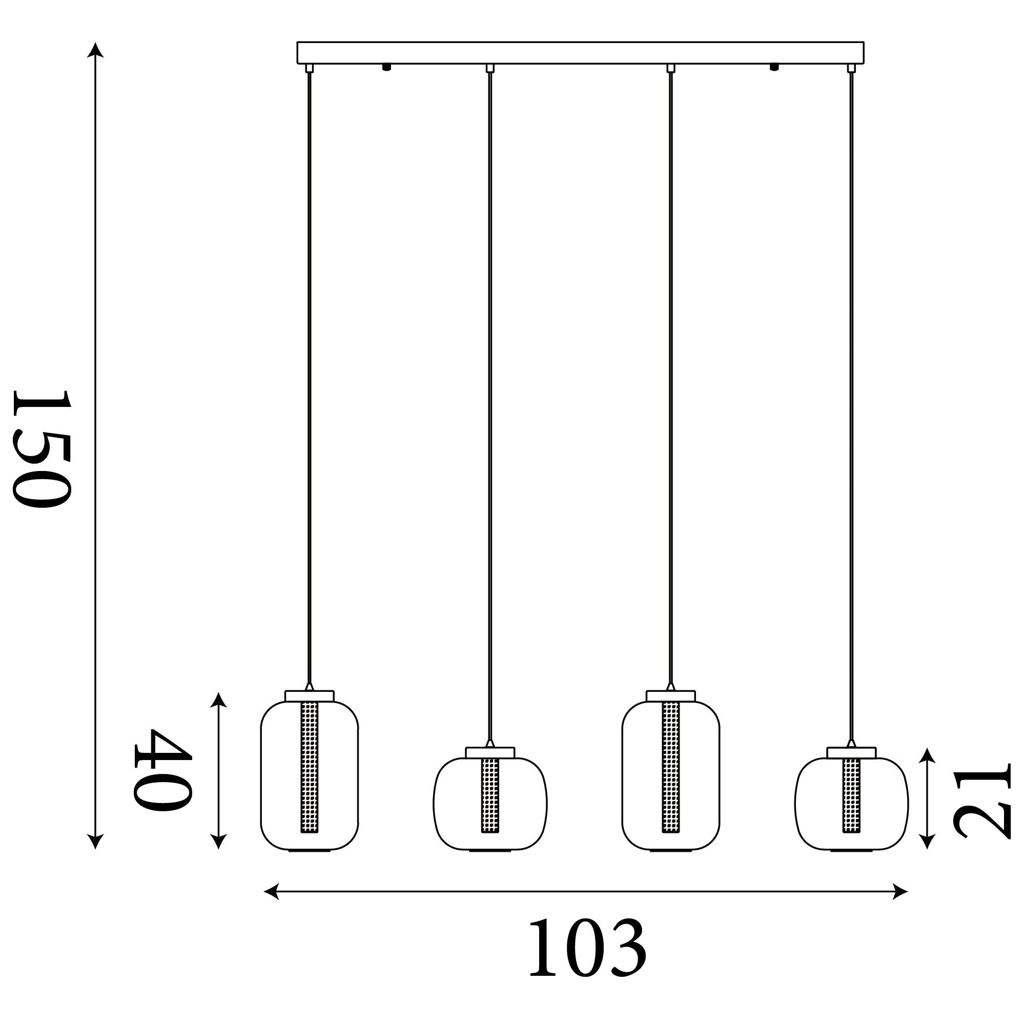 Technical line drawing of the Searchlight Lille 4 Light LED Pendant showing a total height of 150cm, bar length of 103cm, shade width of 21cm and shade height of 40cm
