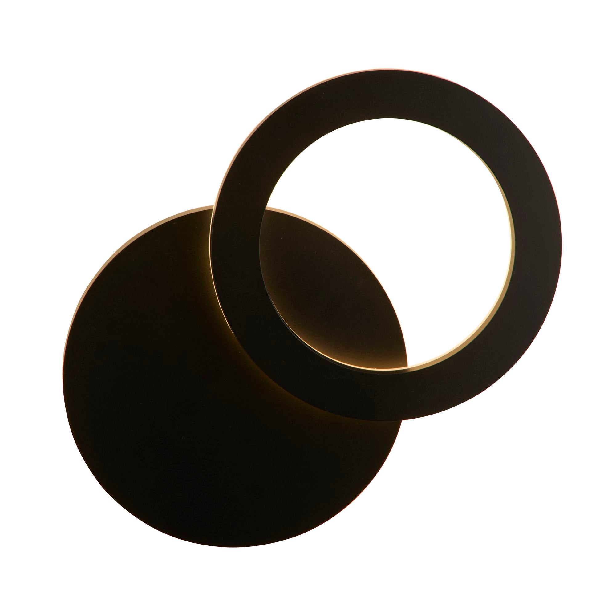 Searchlight Hyde LED outdoor wall light in black, studio view showing two overlapping black discs, unlit, with the front disc rotated to one side