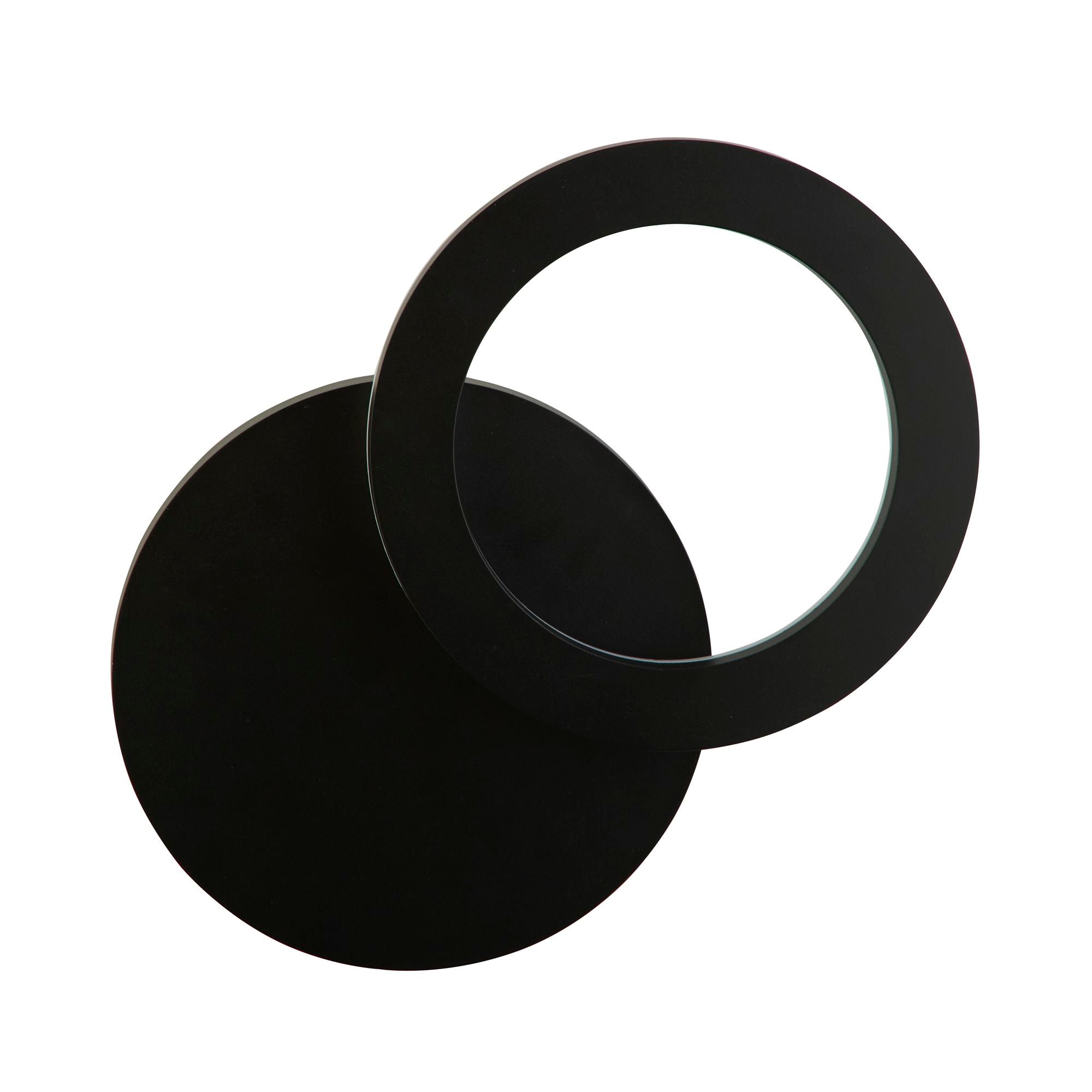Searchlight Hyde LED outdoor wall light in black, studio view from a second angle showing the two overlapping discs, unlit