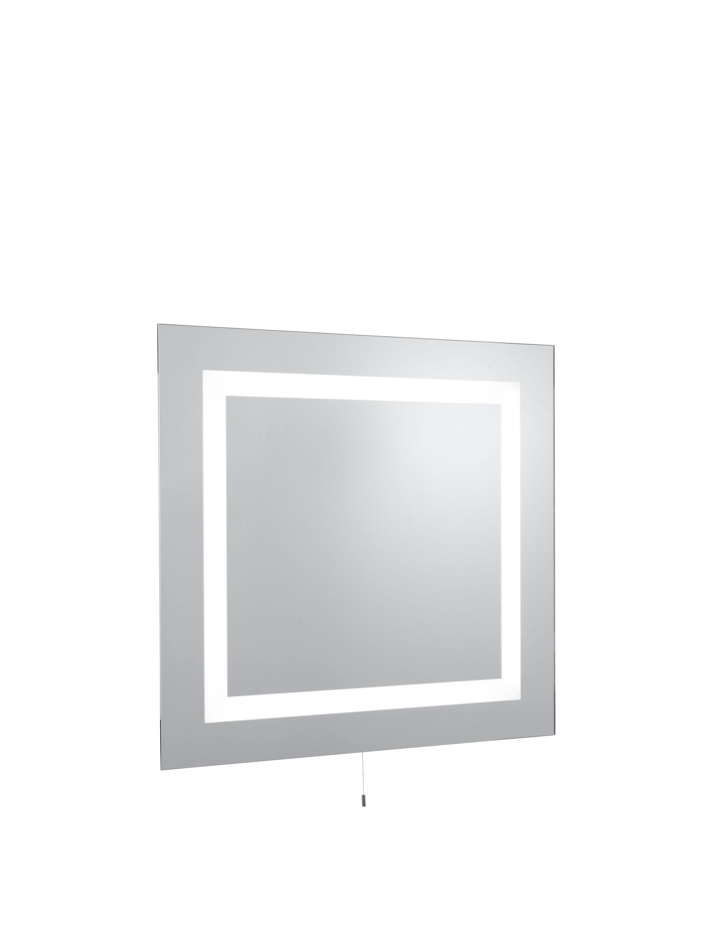 Searchlight rectangular mirror with a continuous frosted LED border lit around the glass, angled studio shot on white background