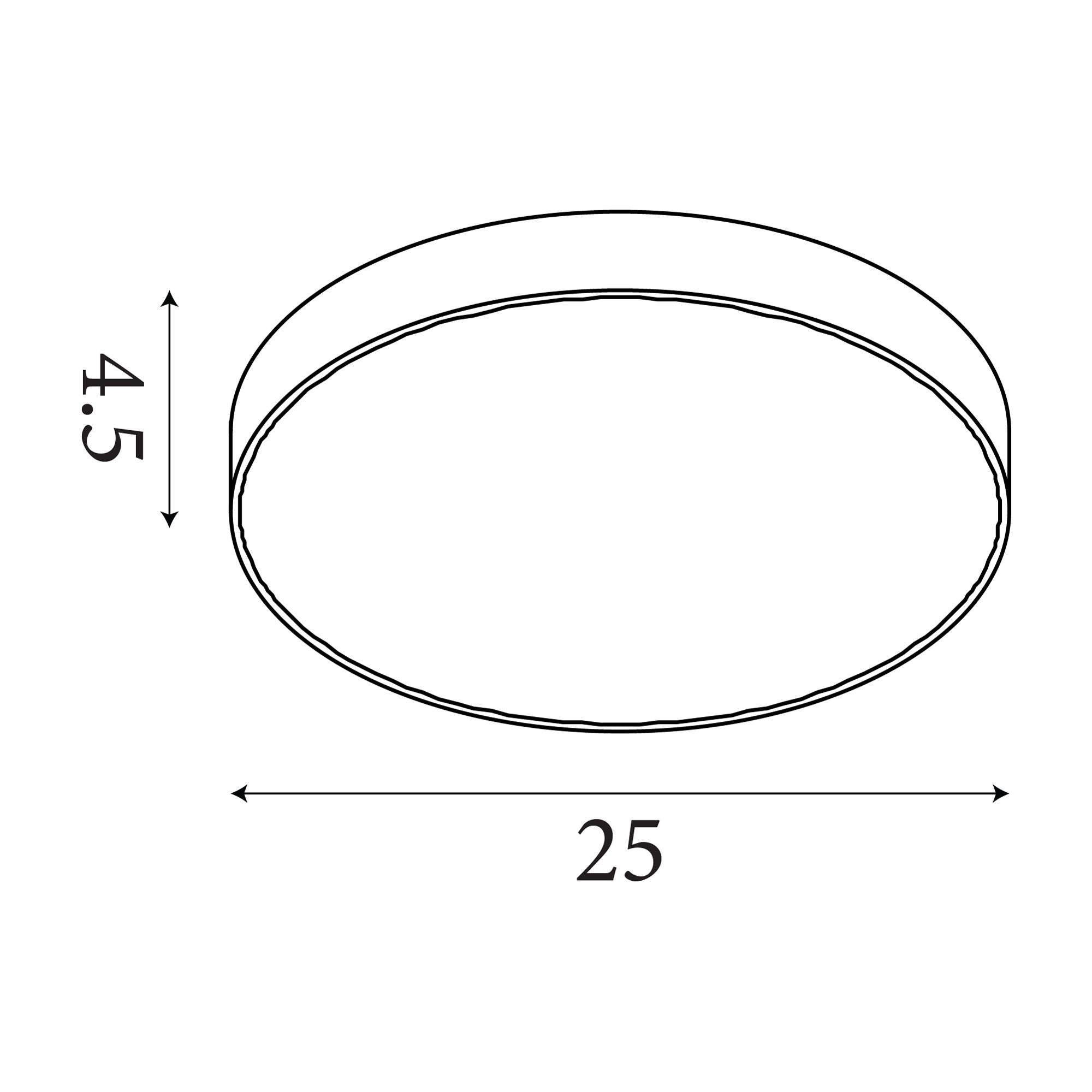 Technical drawing of the Palma LED flush ceiling light showing dimensions of 25cm diameter and 4.5cm height
