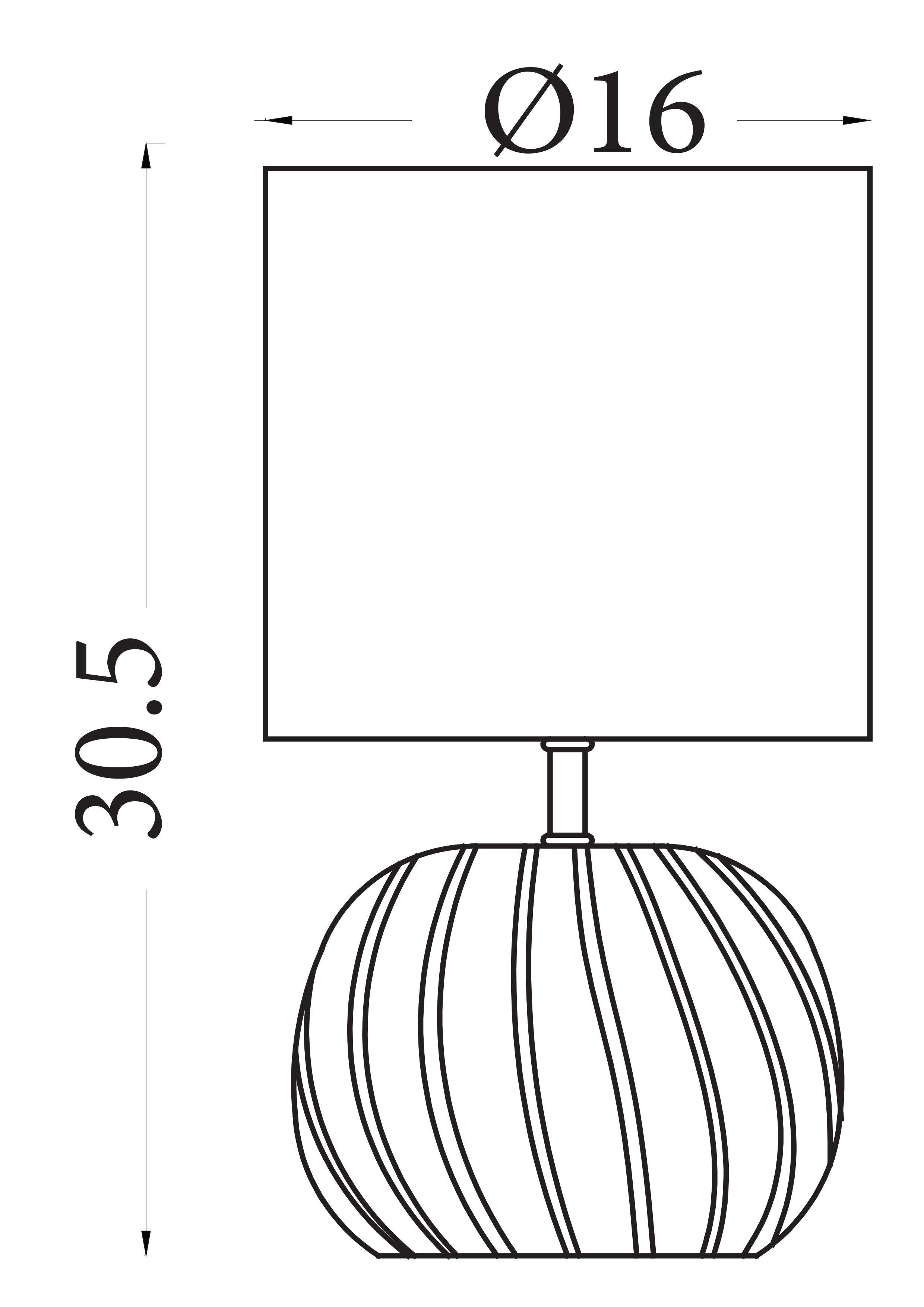 Line drawing of the Fete table lamp showing dimensions of 30.5cm height and 16cm diameter base