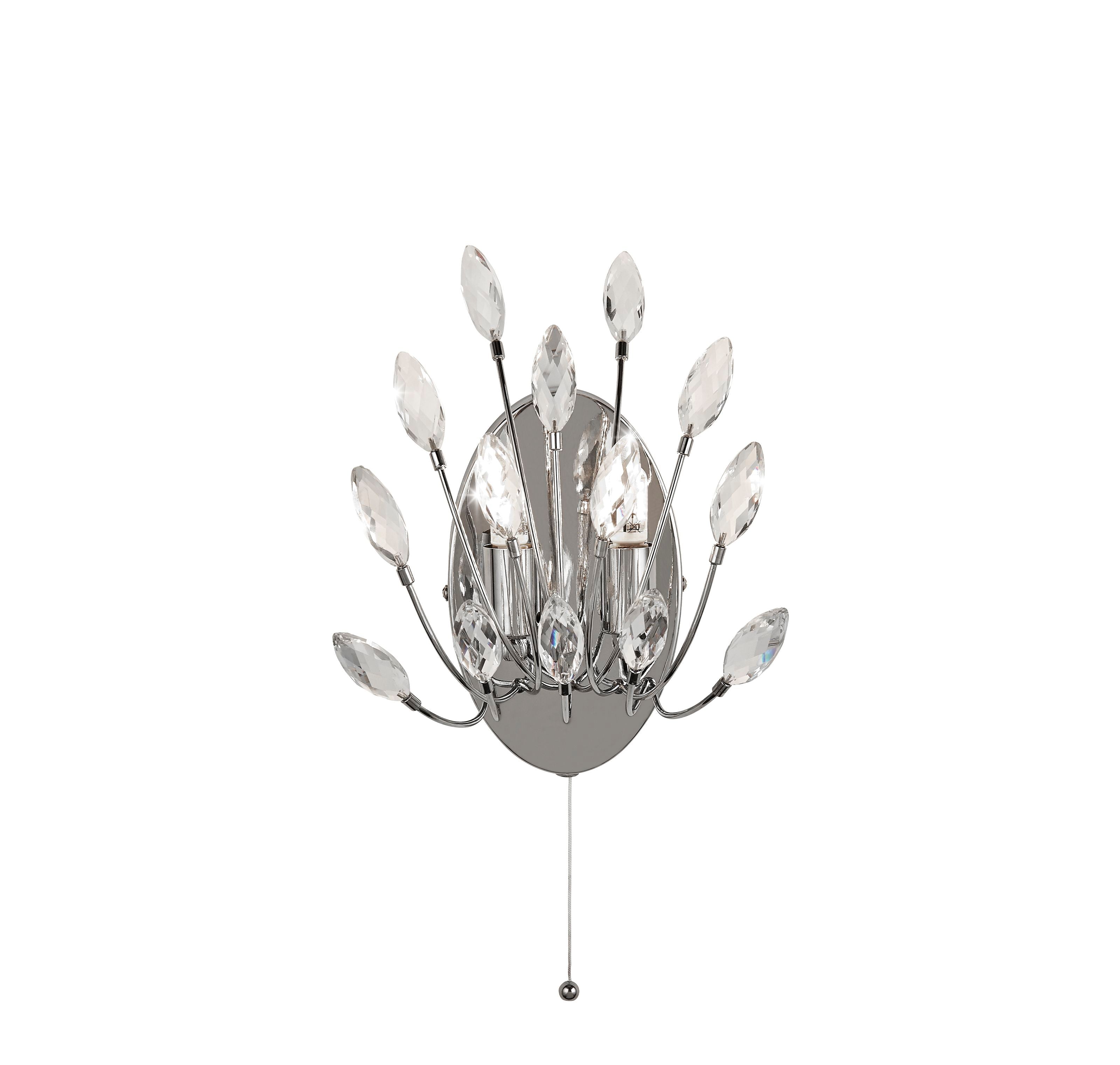 Searchlight Peacock 2 Light Wall Light in chrome, studio shot on a white background showing the curved stems fanning out with faceted crystal leaves and a pull cord switch