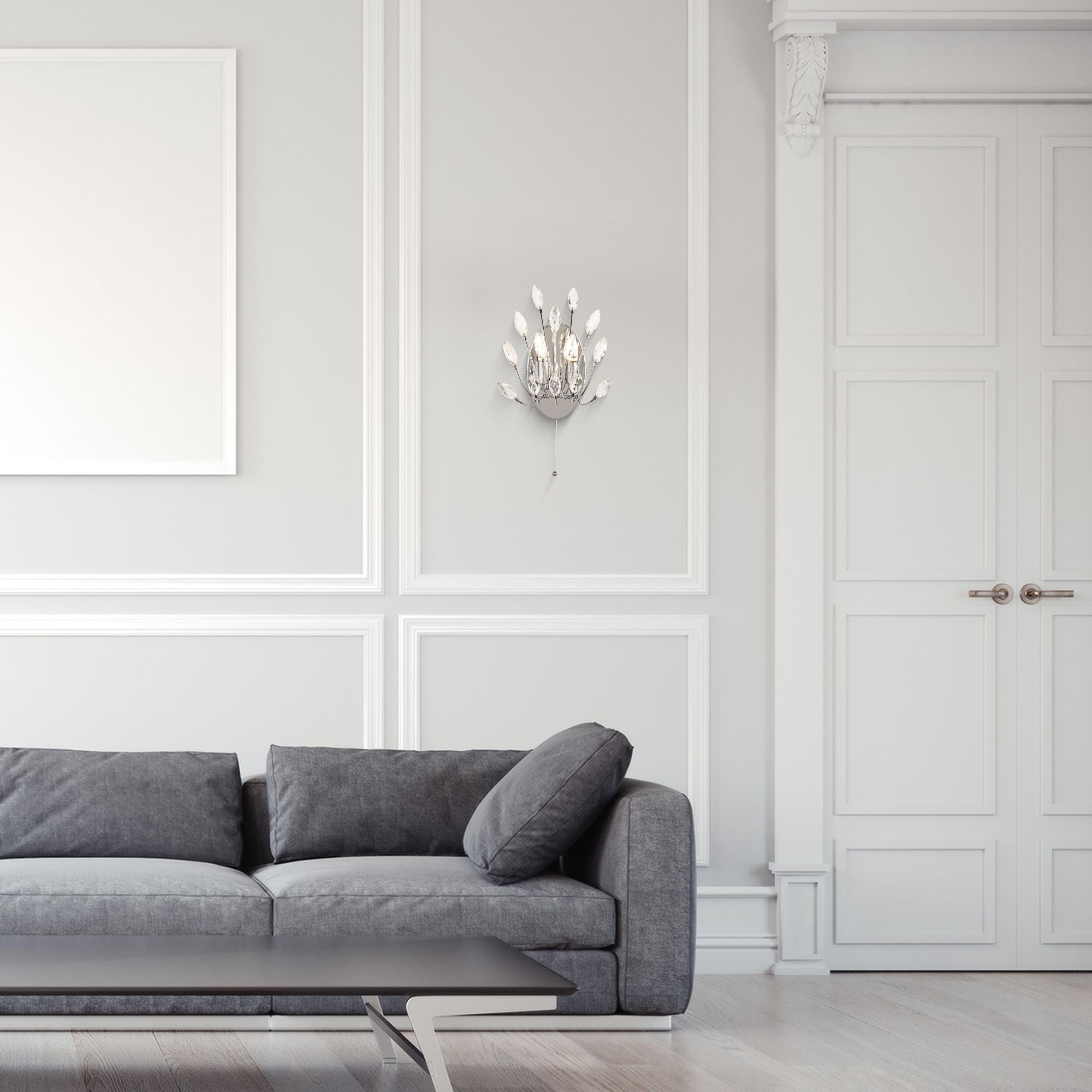 Searchlight Peacock 2 Light Wall Light mounted on a pale grey panelled wall above a grey sofa