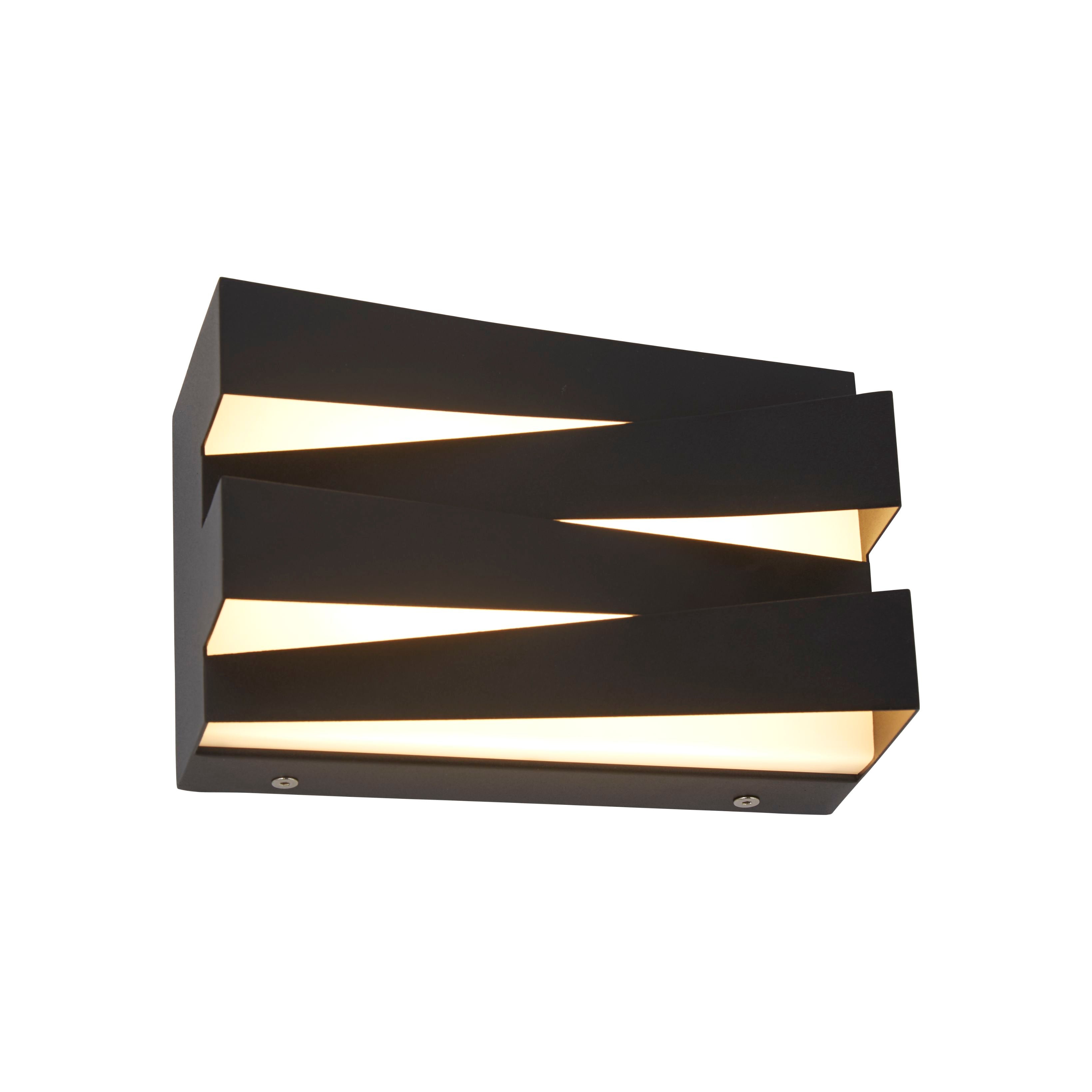 Searchlight Section LED wall light in sand black iron, angled studio shot showing the three staggered offset bands glowing warm white