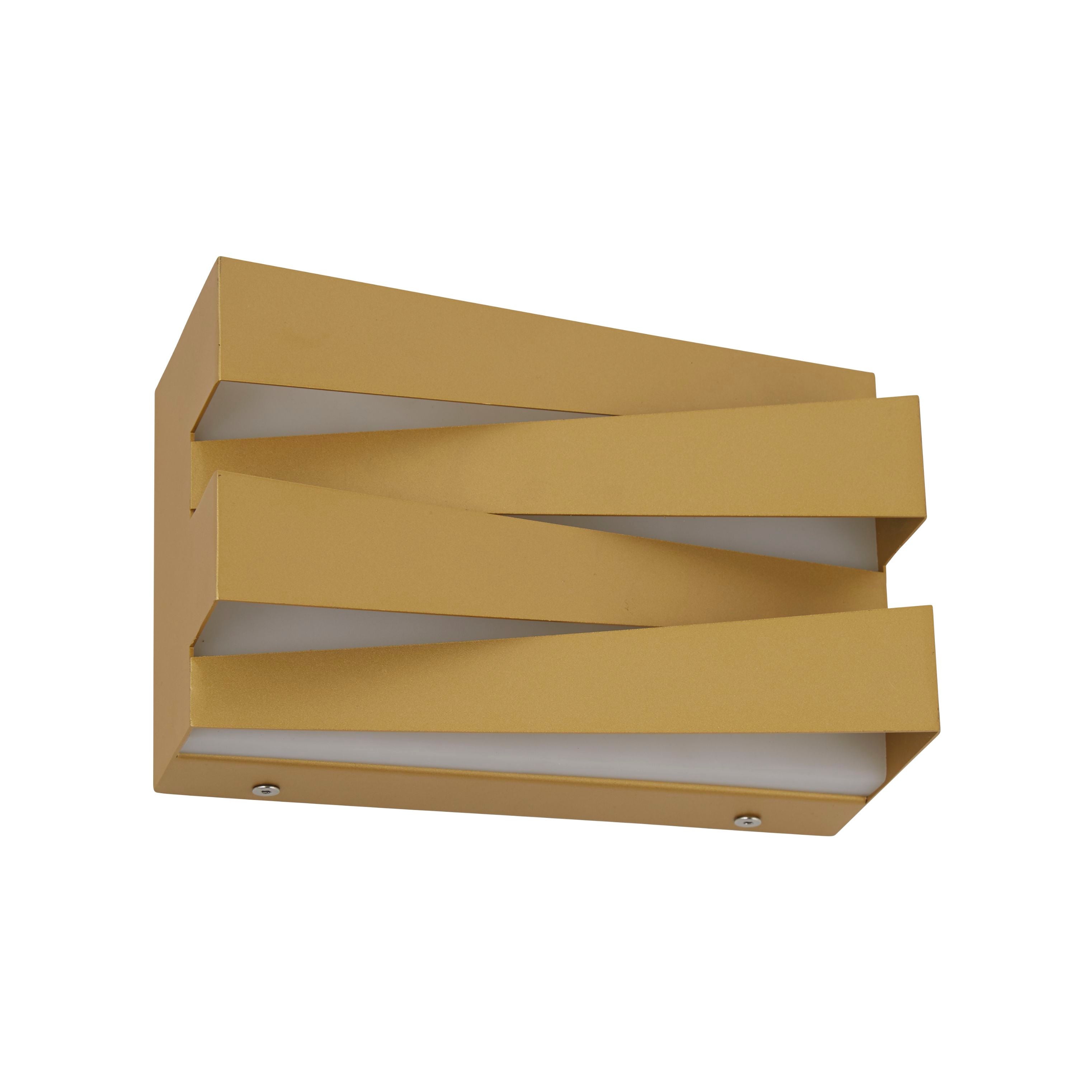 Searchlight Section LED wall light in sand gold iron, front angled view on a white background with light escaping each offset band