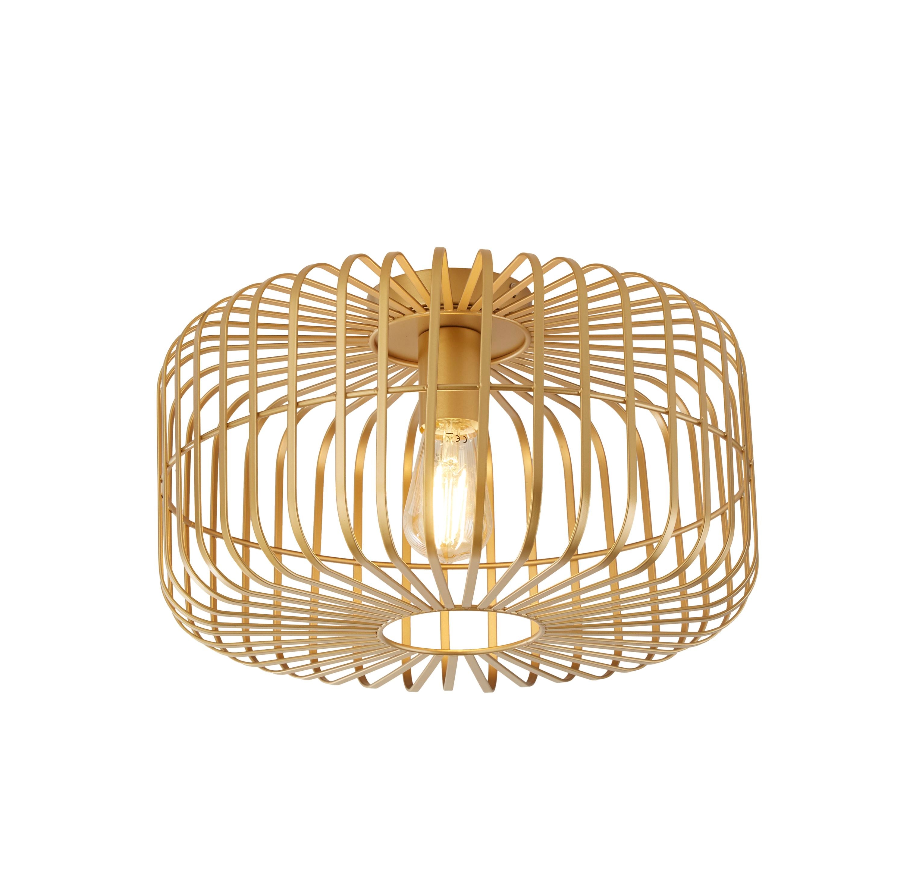 Searchlight Crib flush ceiling light in matt gold, studio shot of the open wire cage with a lit filament bulb visible inside