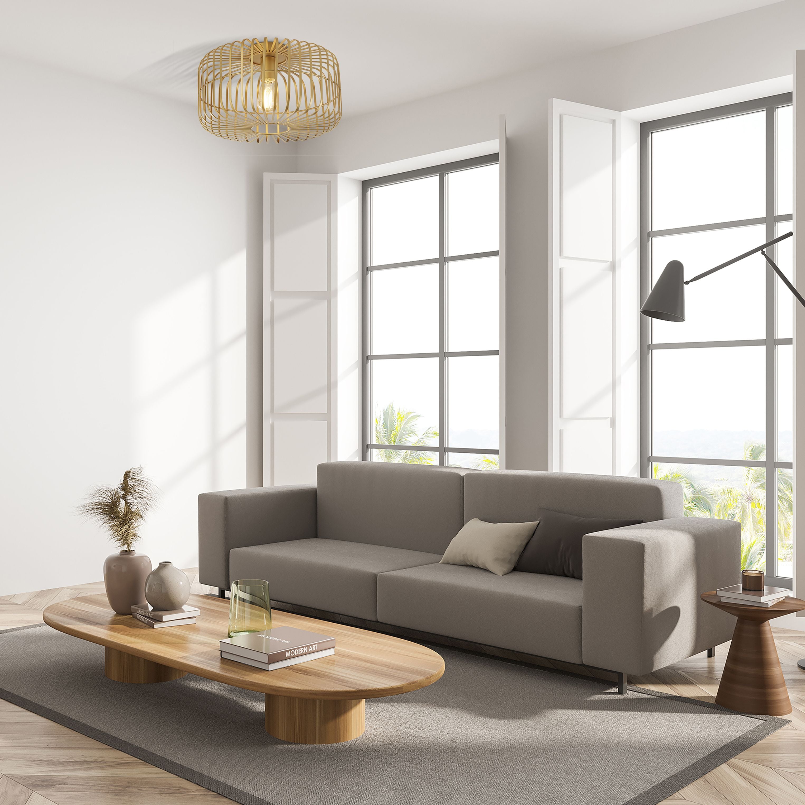 Searchlight Crib flush ceiling light in matt gold fitted above a grey sofa in a bright living room