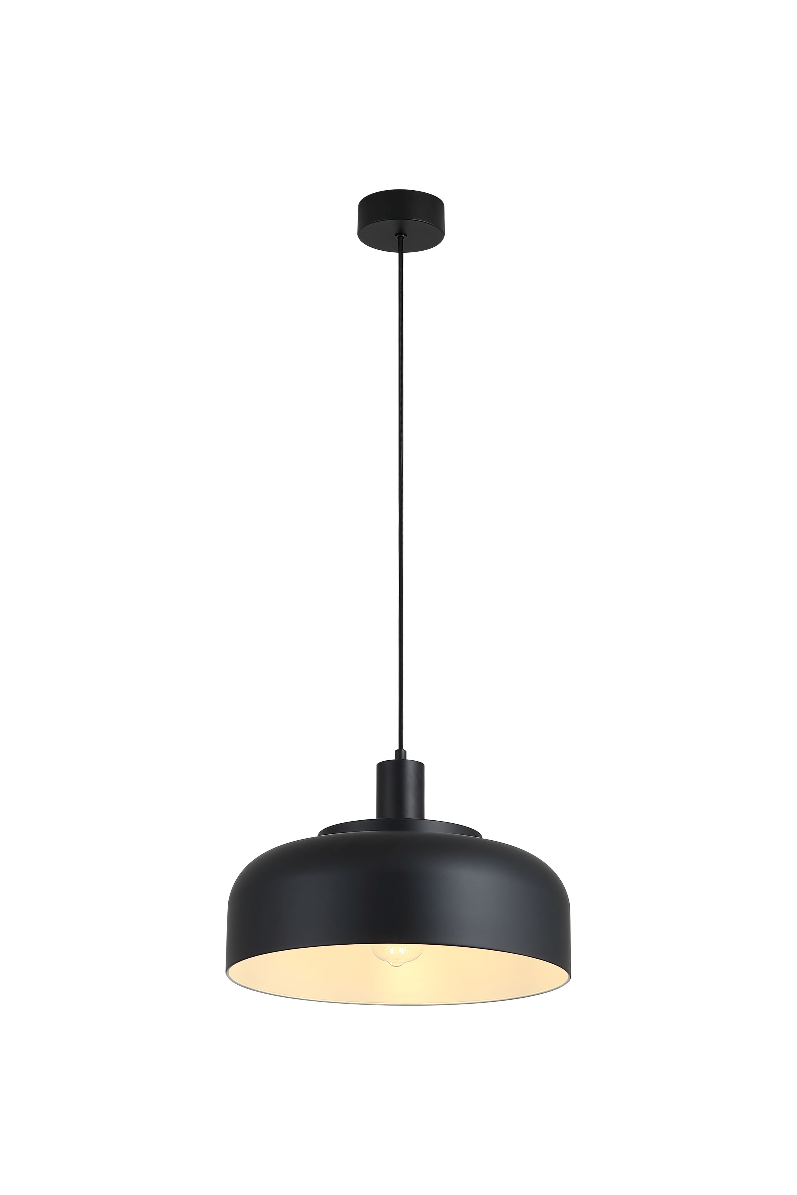 Searchlight Scotland pendant light in matt black with a pale interior, studio shot on a white background with the dome shade lit from within