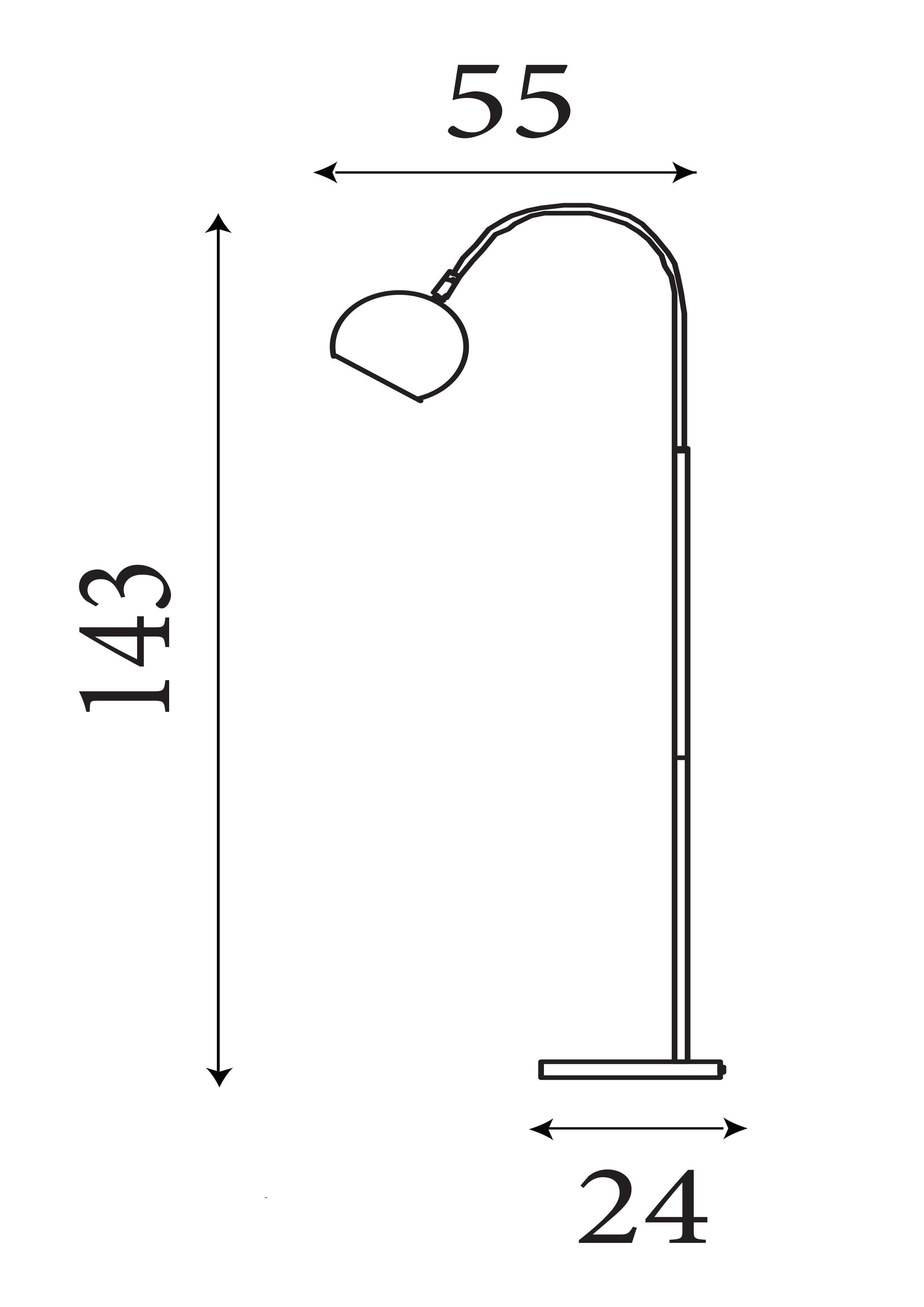 Technical line drawing of the Calumn Floor Lamp showing a height of 143cm, width of 24cm and arm reach of 55cm