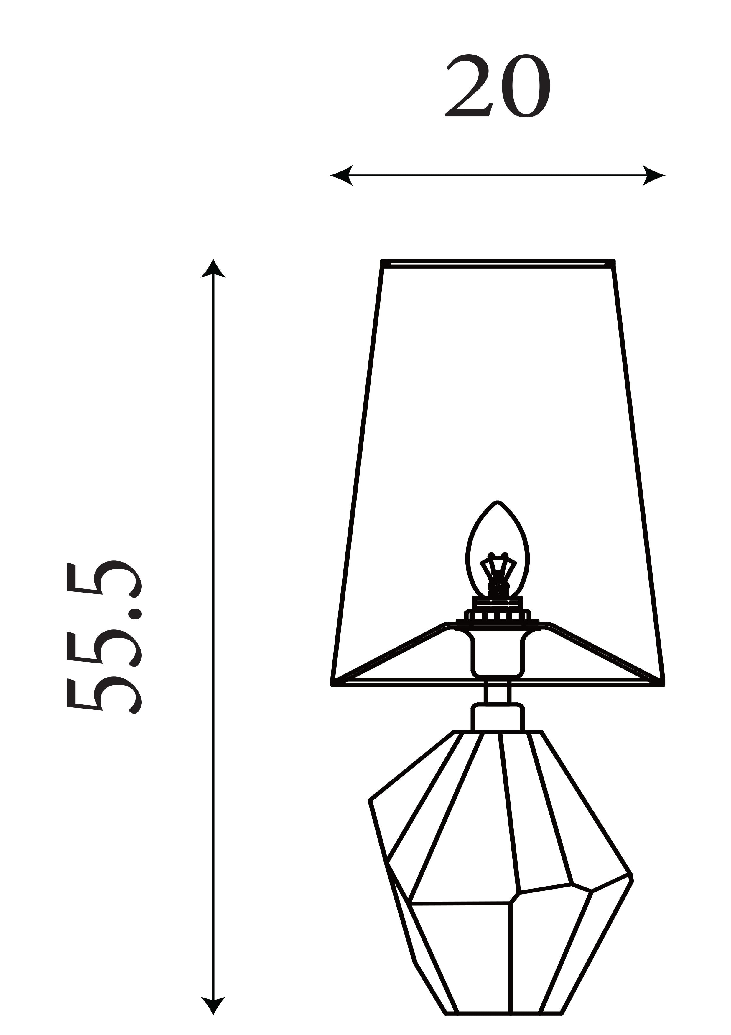 Technical line drawing of the Apex table lamp showing height 55.5cm and width 20cm