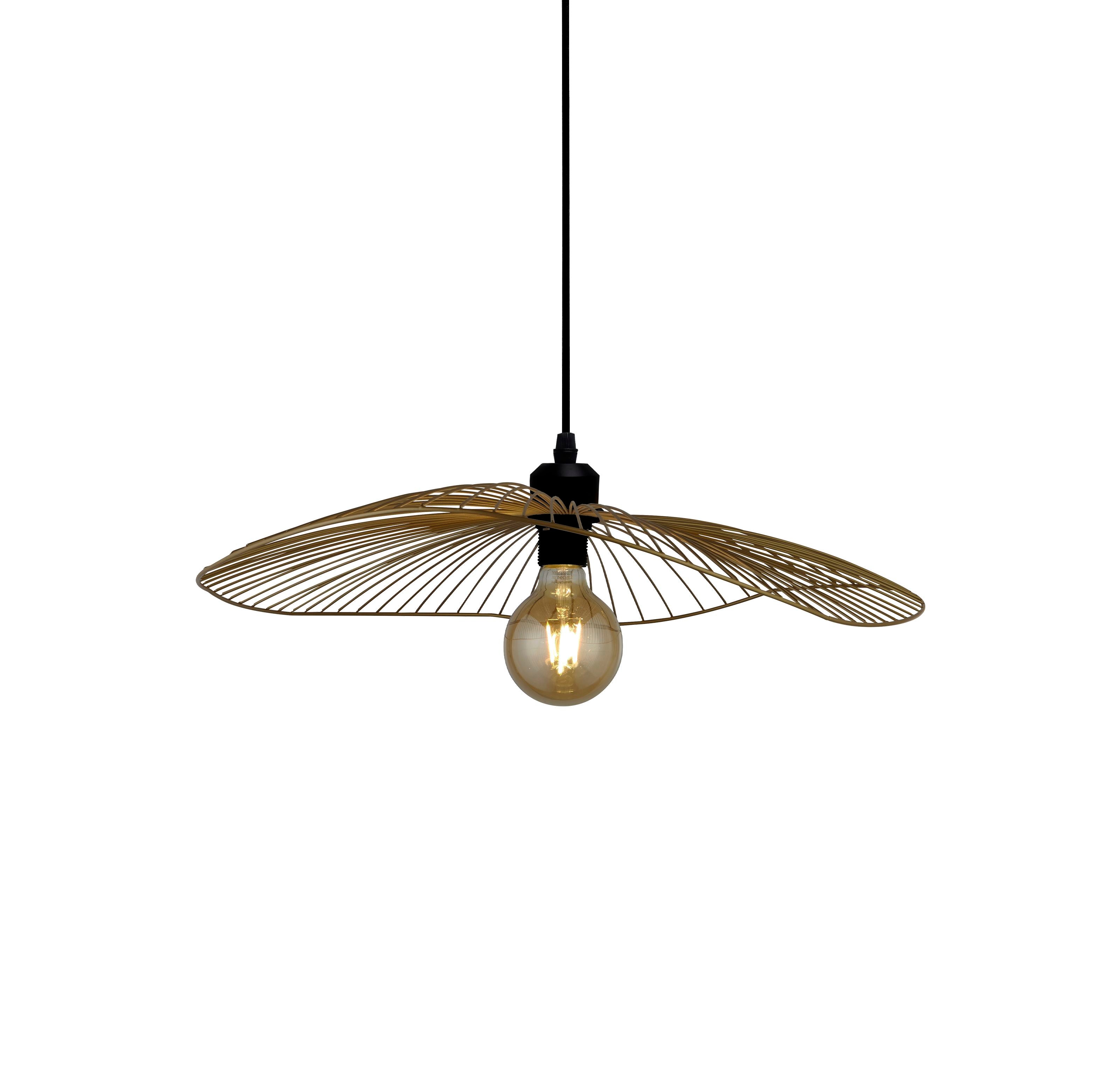 Searchlight Wave pendant light in black and gold wire, with a black cord and fitting, on a white background with the bulb lit