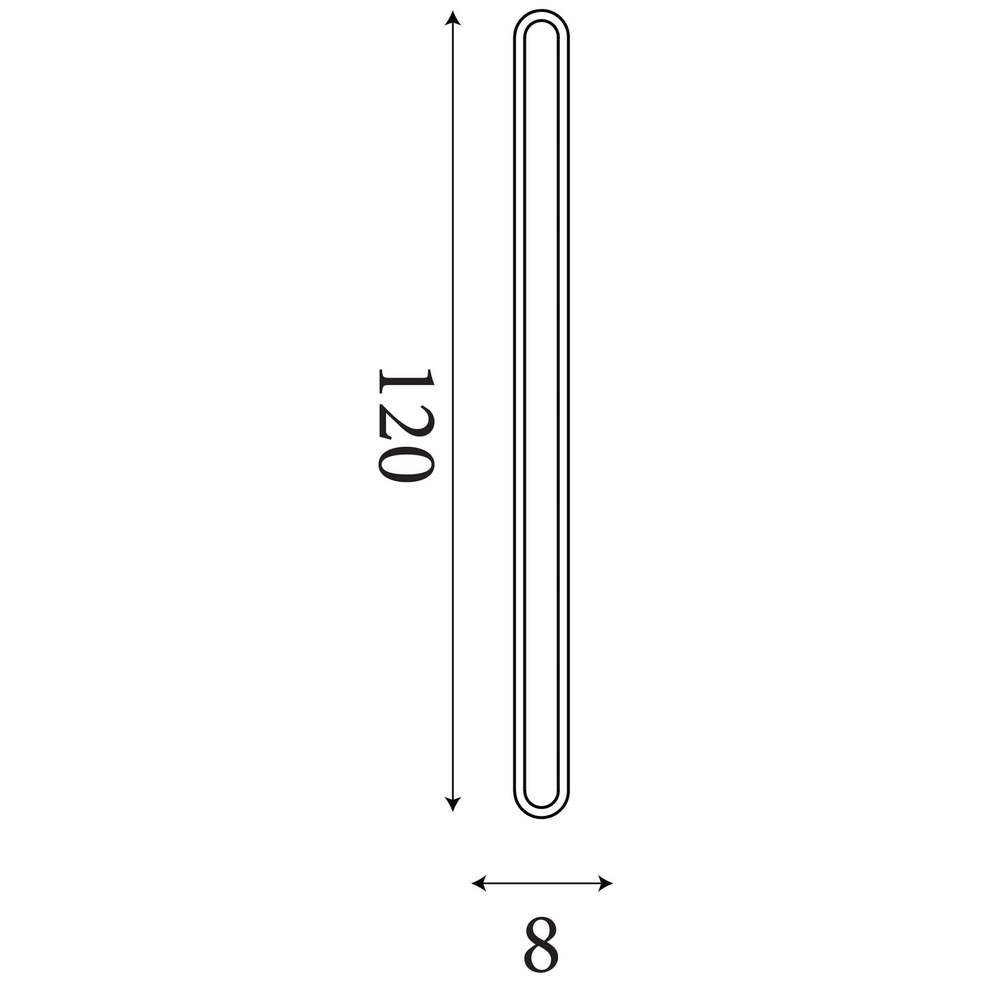 Line drawing showing the dimensions of the Bordo 1200mm wall light, 120cm high by 8cm wide