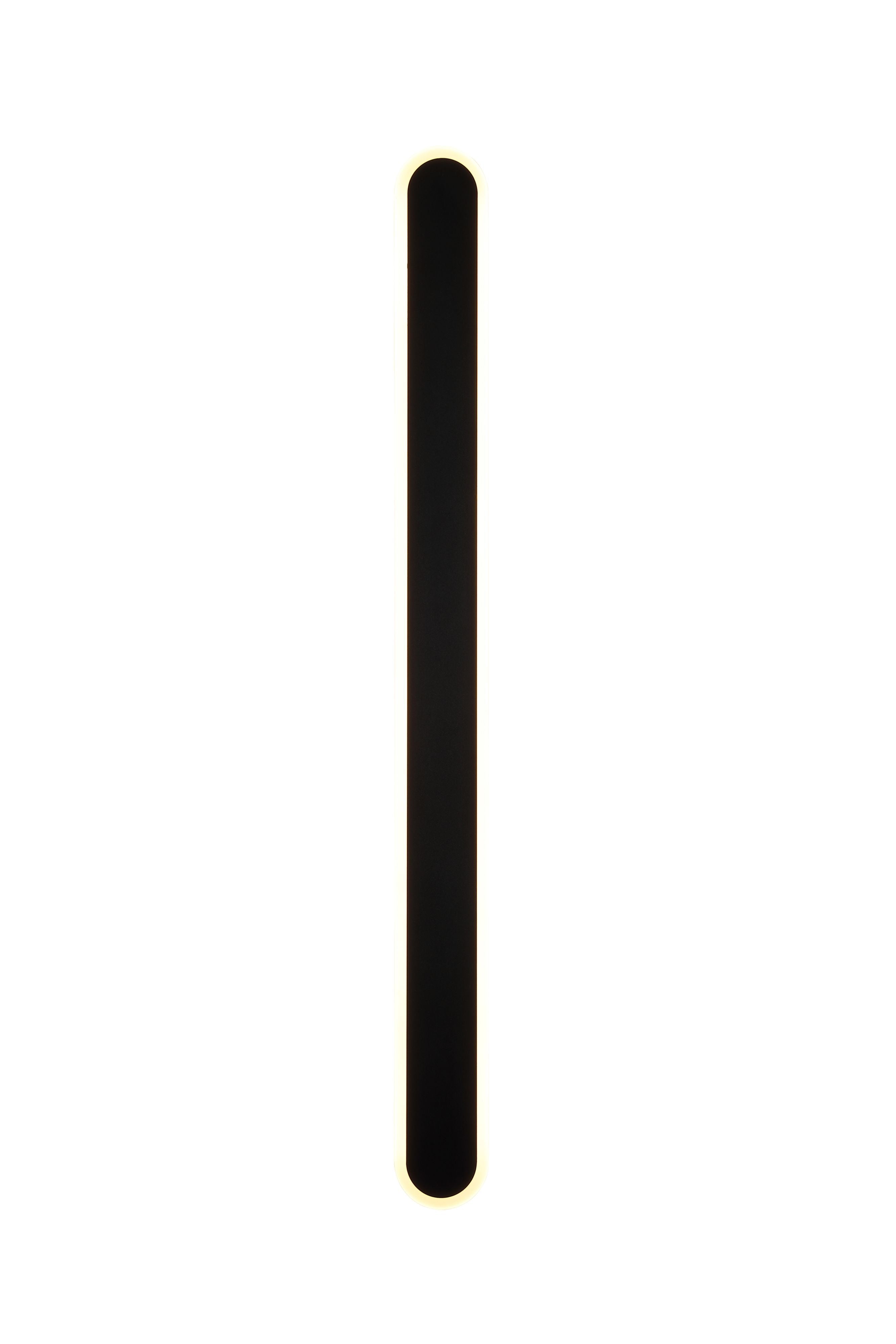 Bordo LED outdoor wall light in black, front view of the tall rounded bar with a soft warm light glowing along its edges, studio shot on a white background