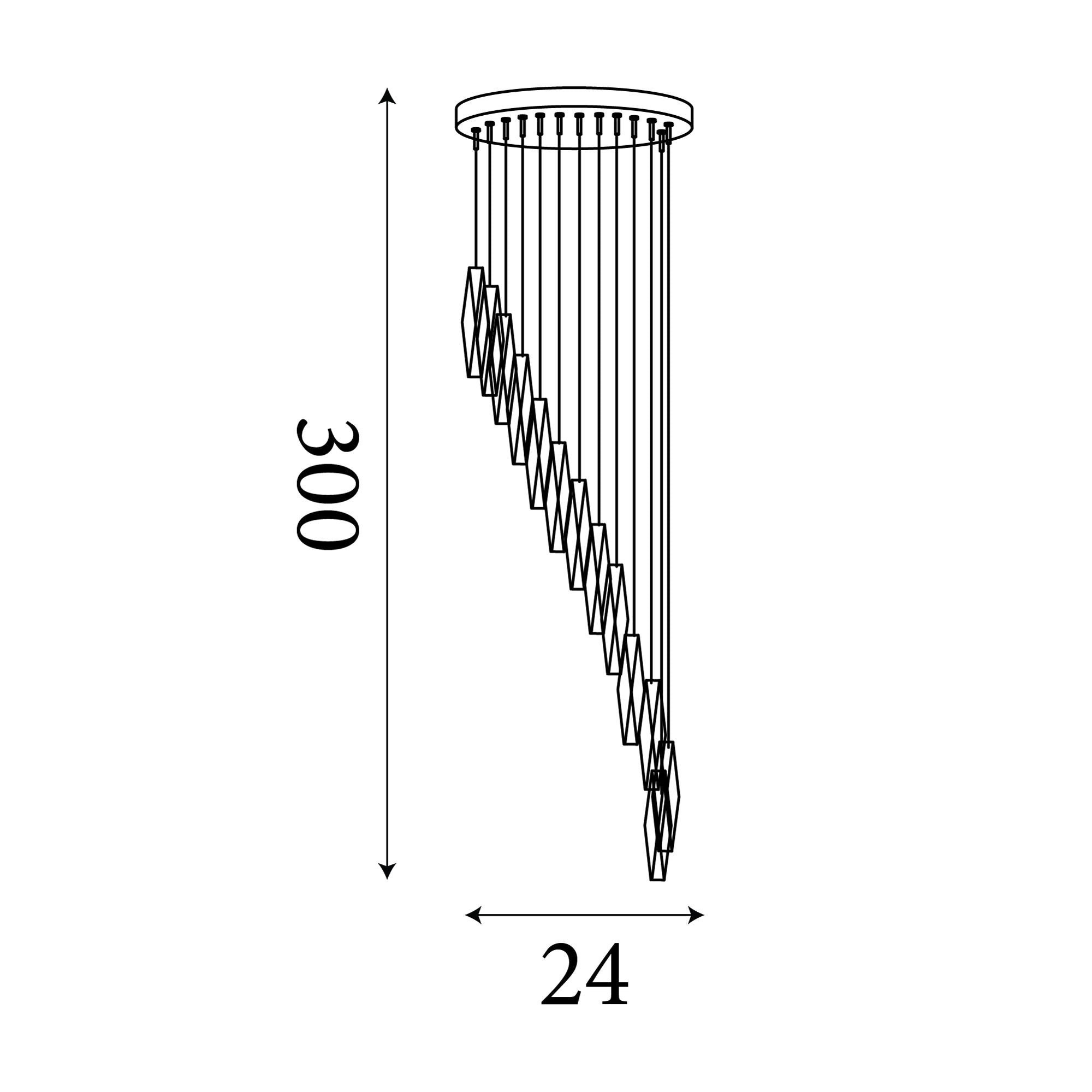 Technical drawing of the Sculptured Ice Multi-Drop Pendant showing a maximum drop of 300cm and a 24cm ceiling plate width