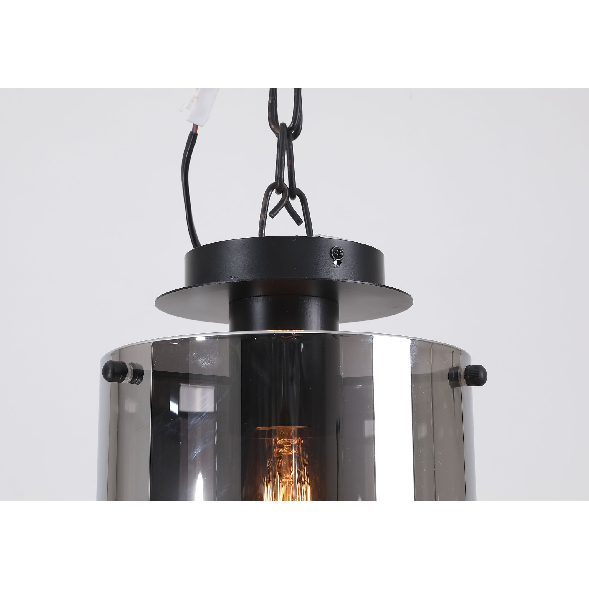 Close up of the matt black ceiling plate and glass fixing pins on the Searchlight Sweden 1 Light Flush, with the filament bulb visible through the smoked glass