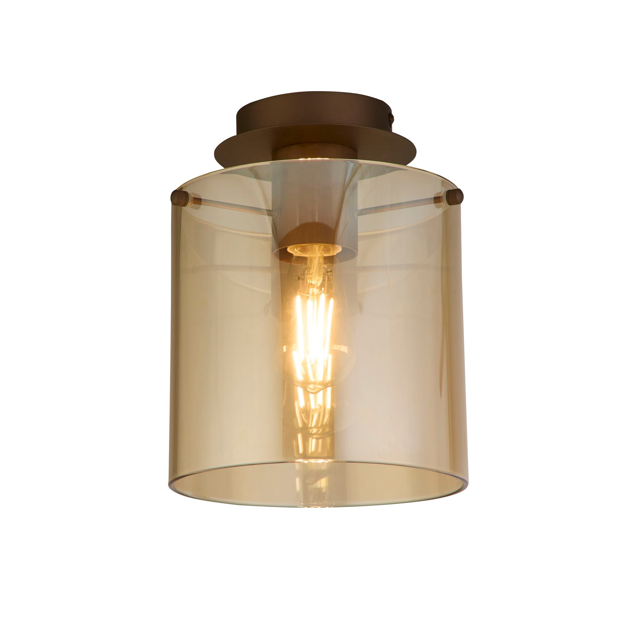 Searchlight Sweden 1 Light Flush in mocha metal with amber glass, studio shot on a white background showing the cylindrical amber shade and filament bulb