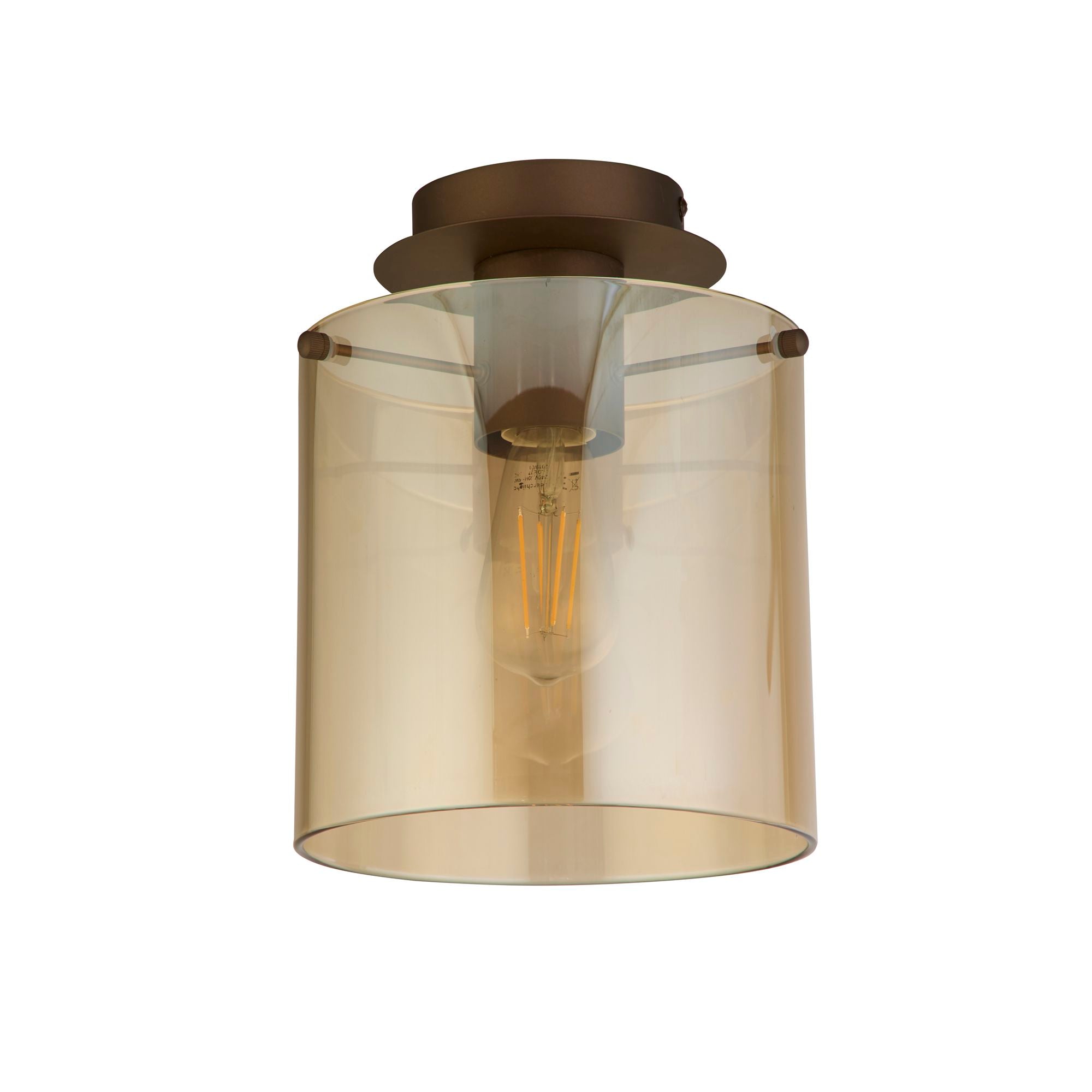 Searchlight Sweden 1 Light Flush in mocha metal with amber glass, alternate studio angle on a white background