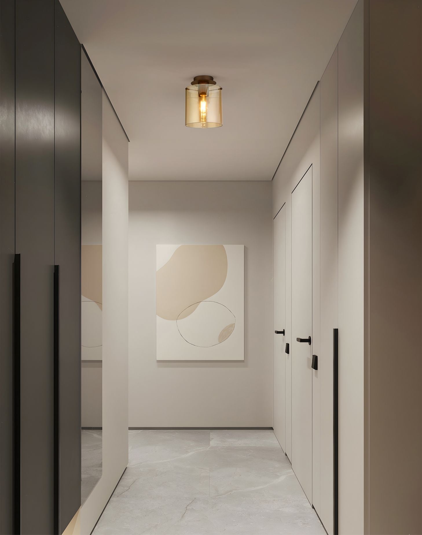 Searchlight Sweden 1 Light Flush in mocha metal with amber glass, styled on a hallway ceiling above a console table and artwork