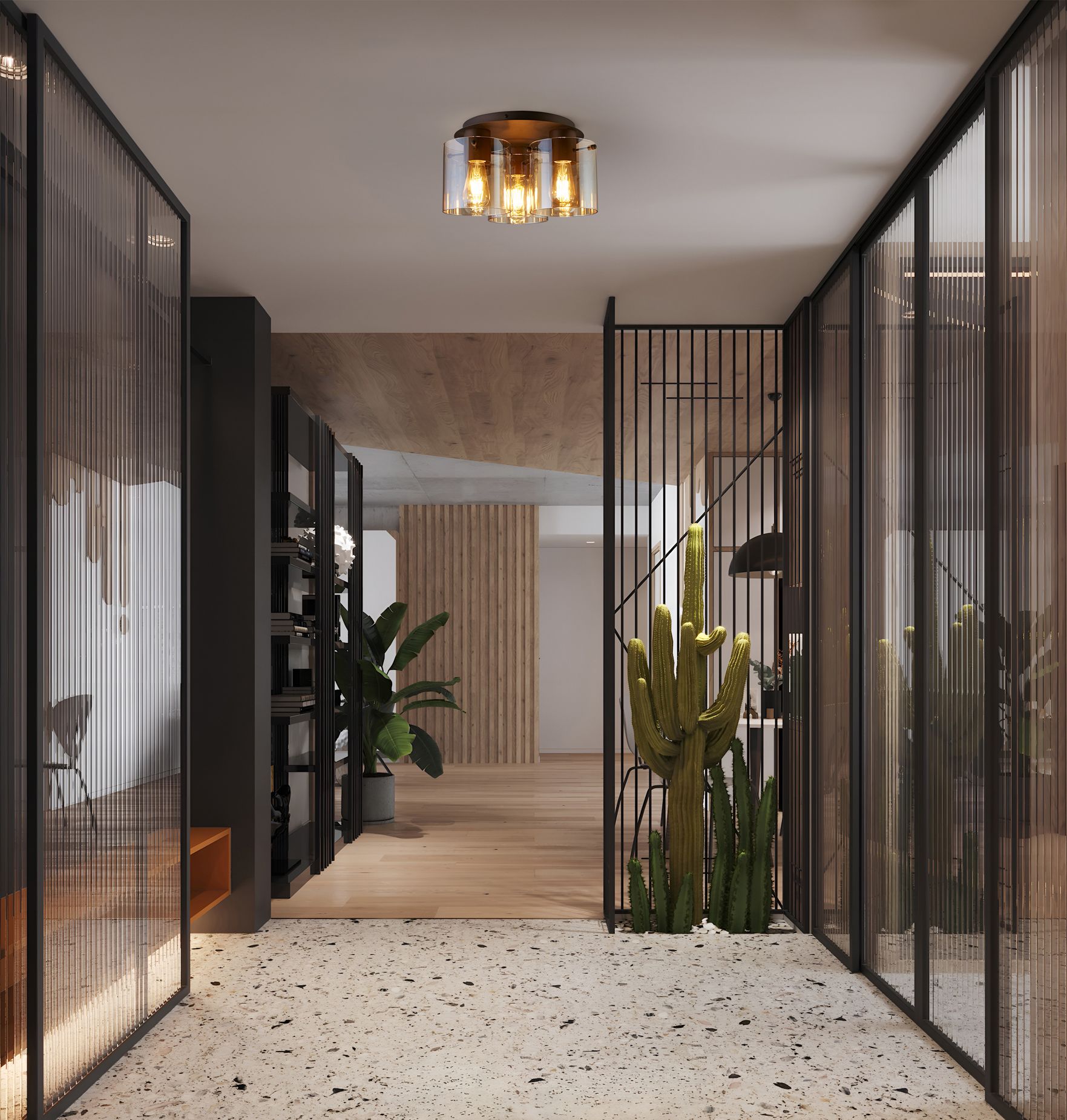 Searchlight Sweden 3 Light Flush in mocha metal with amber glass, styled on a hallway ceiling near glass partitions and a potted cactus