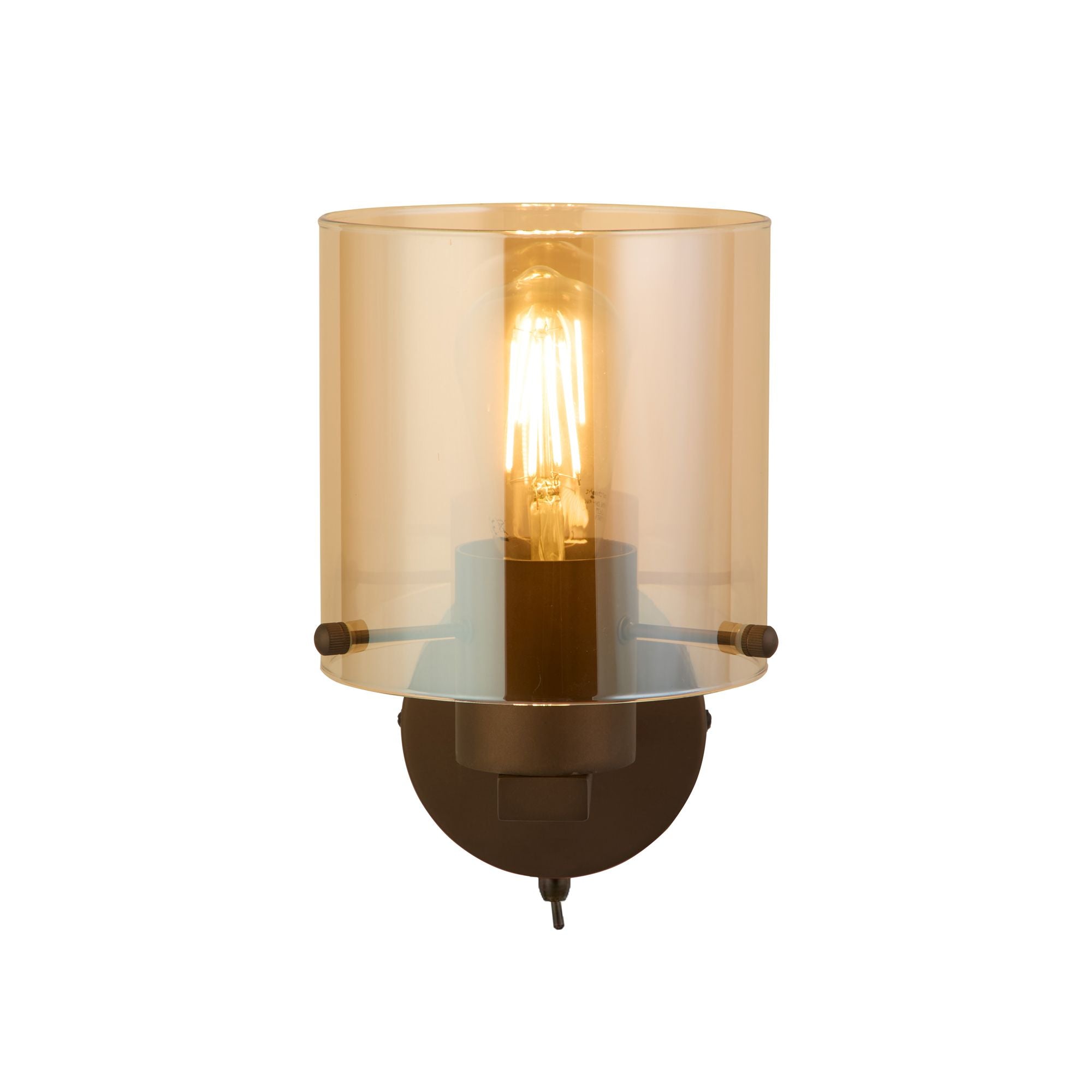 Searchlight Sweden 1 Light Wall Light in mocha metal and amber glass, front on studio shot with the cylindrical amber glass shade lit