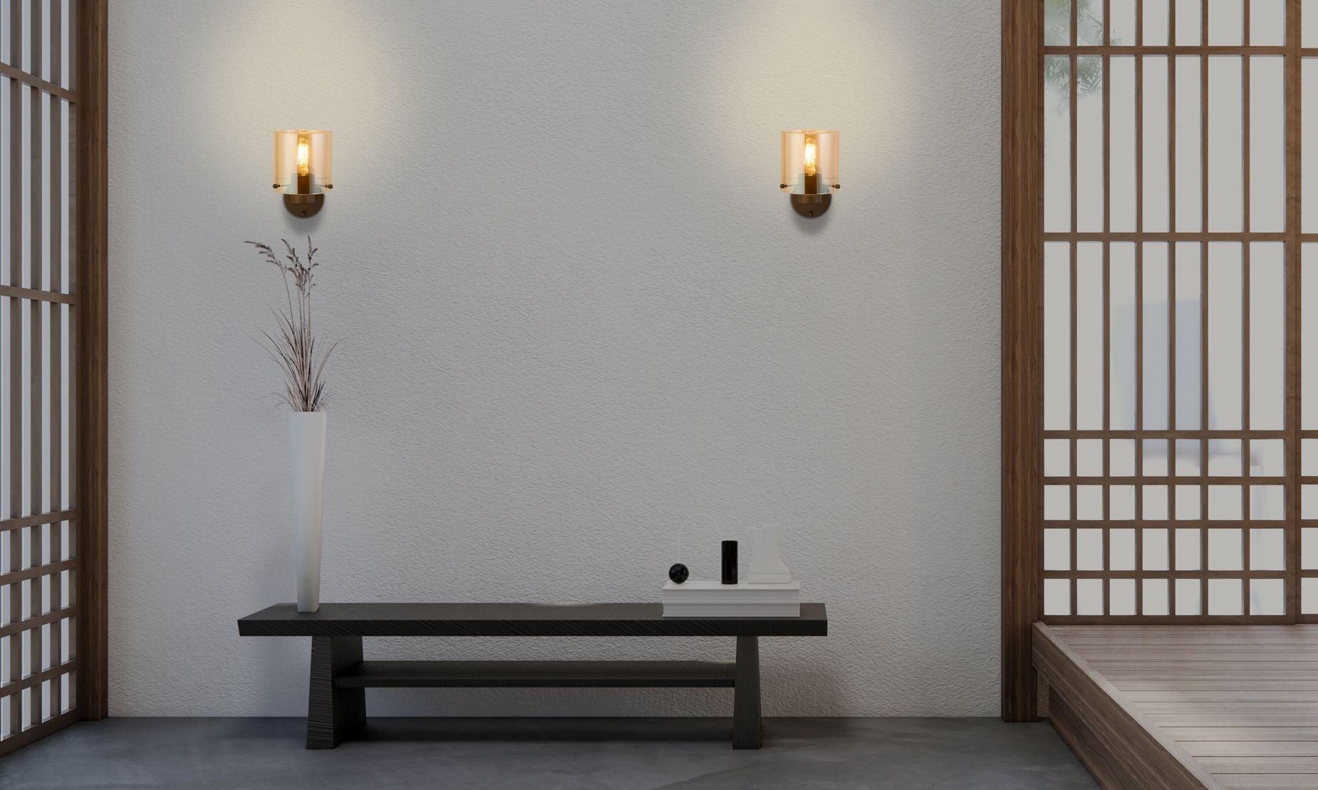 Searchlight Sweden wall lights styled in pairs either side of a bench in a Japanese inspired hallway