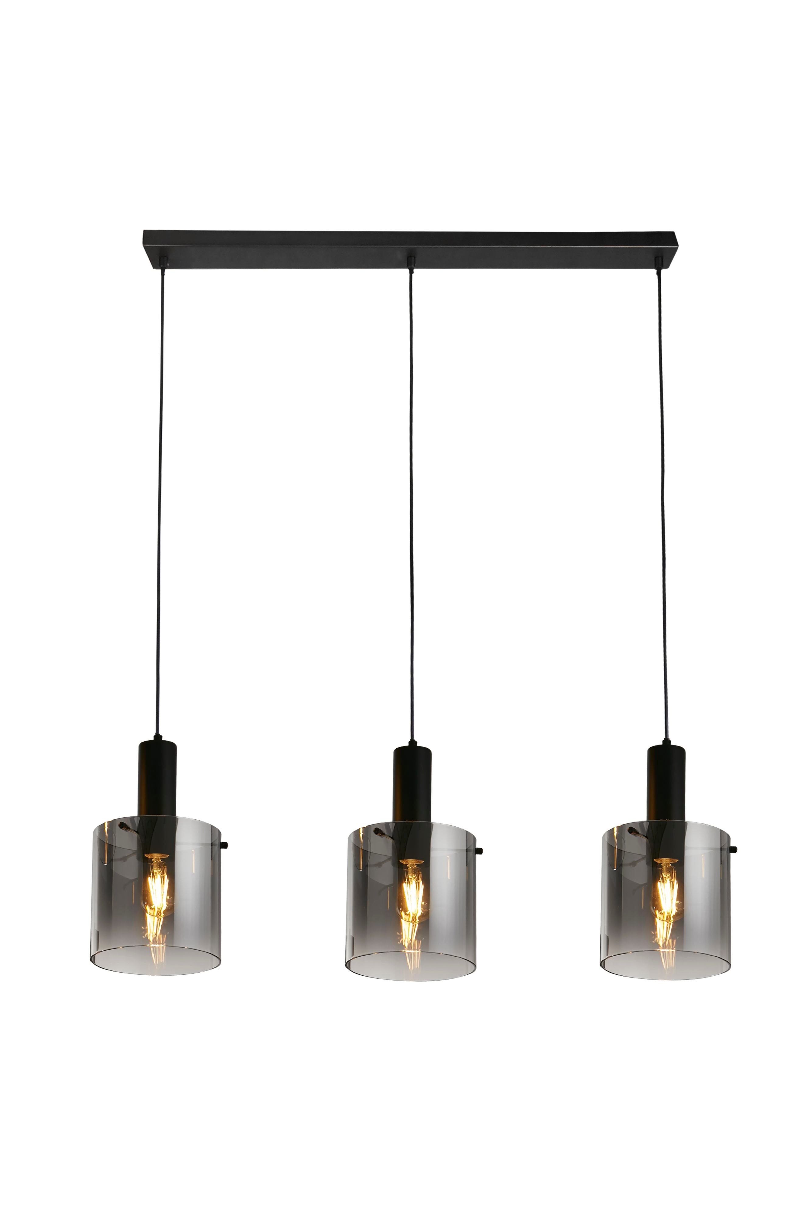 Searchlight Sweden 3 Light Bar Pendant in matt black metal with smoked ombre glass shades, studio shot on a white background