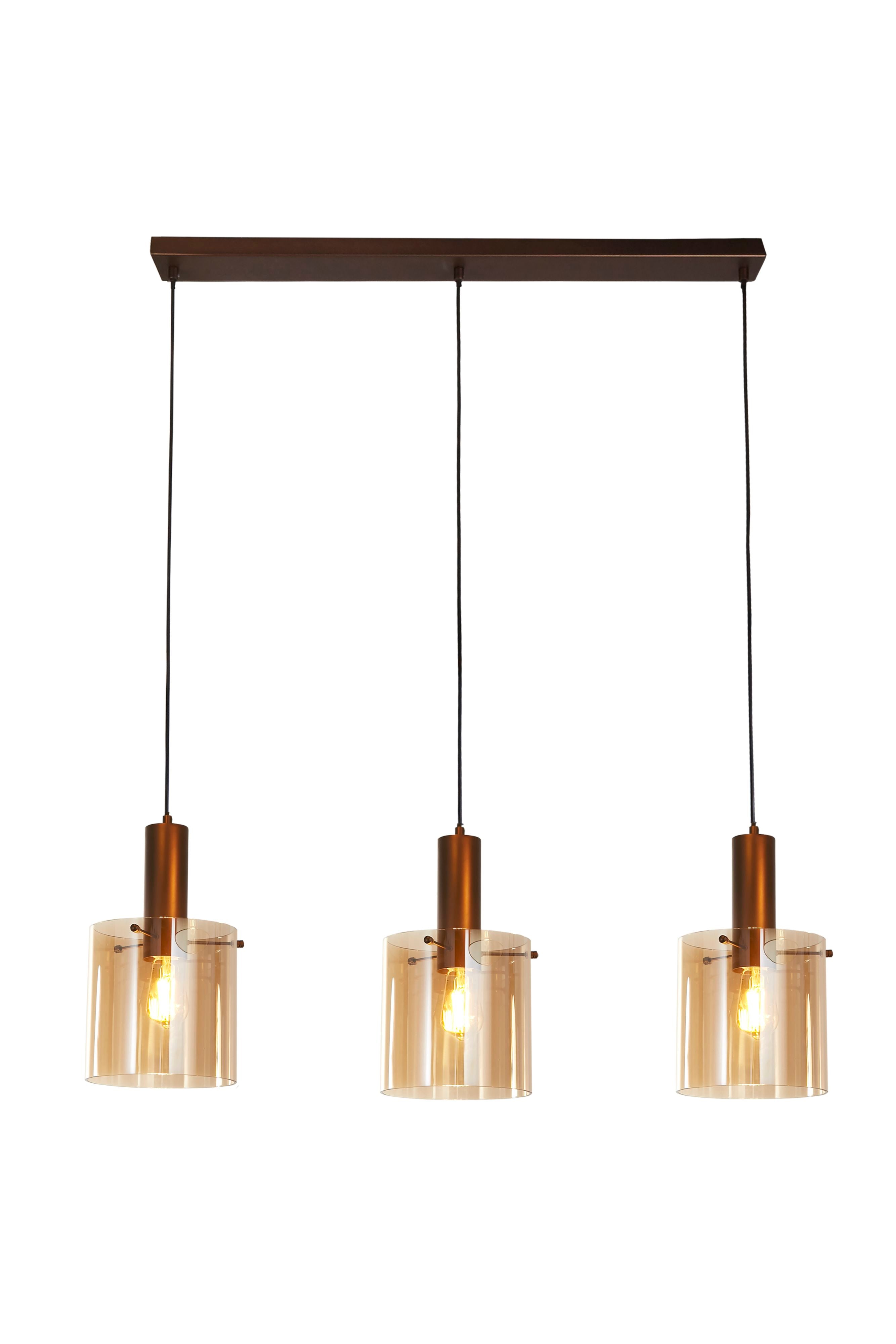 Searchlight Sweden 3 Light Bar Pendant in mocha metal with amber glass shades, studio shot on a white background