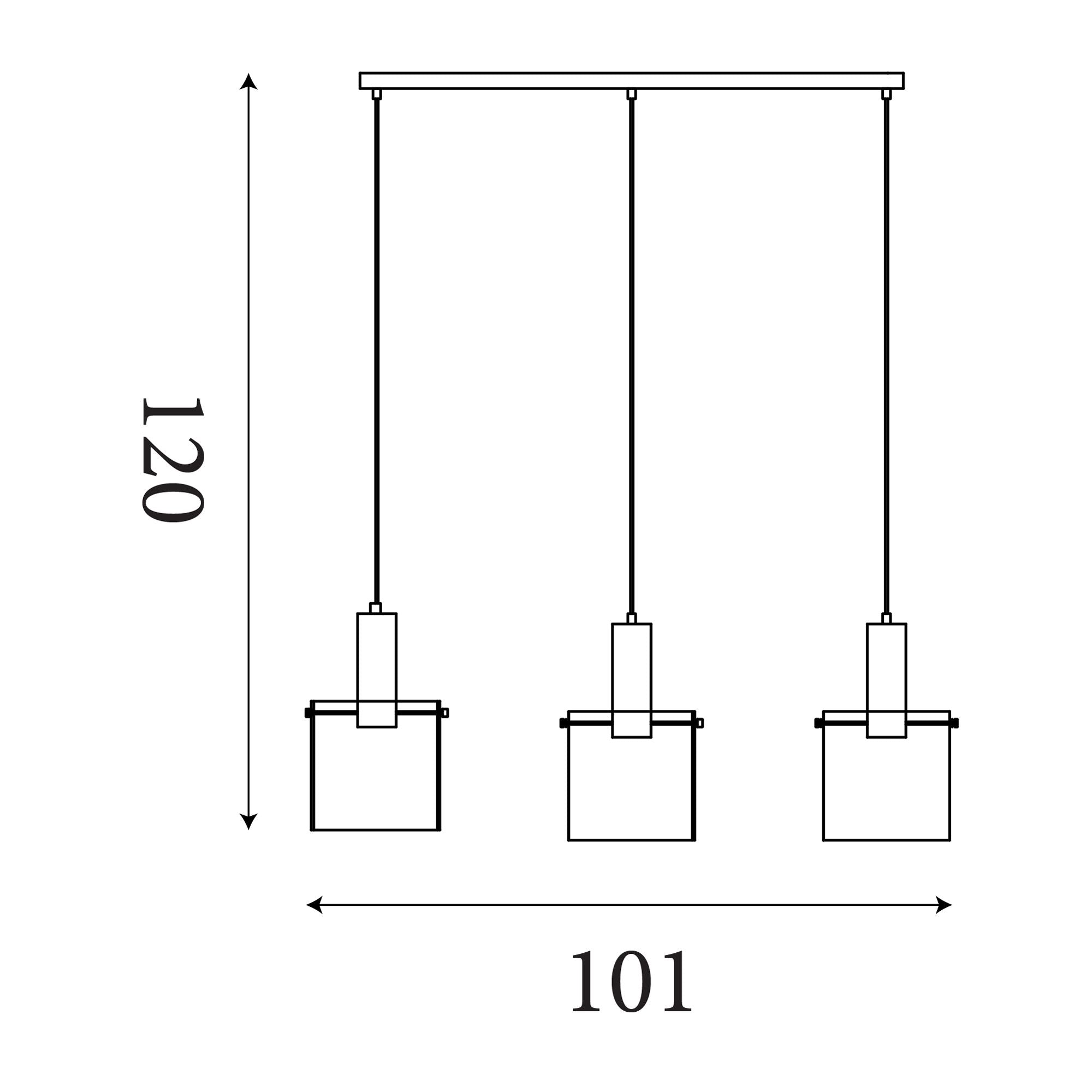 Line drawing of the Searchlight Sweden 3 Light Bar Pendant showing a length of 101cm and a maximum height of 120cm