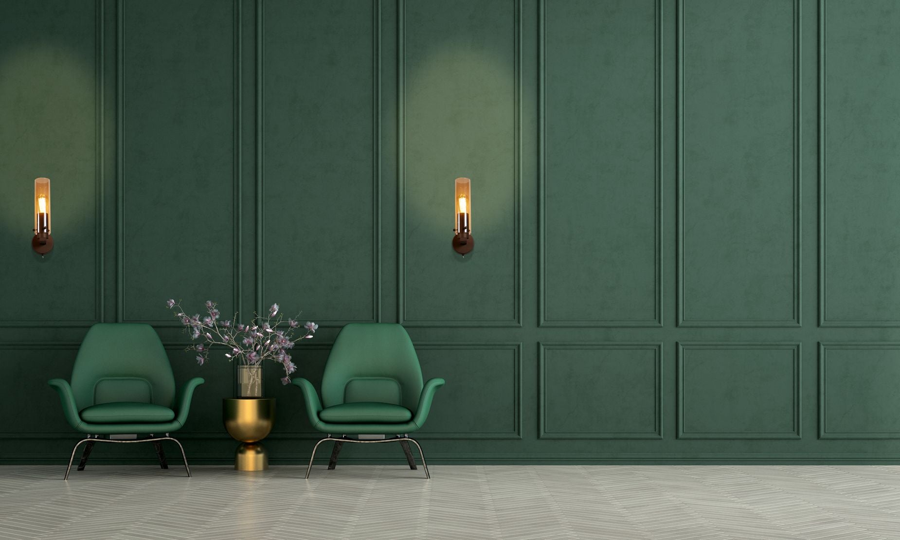 Pair of Searchlight Sweden II 1 light wall lights styled either side of a seating area on a dark green panelled wall