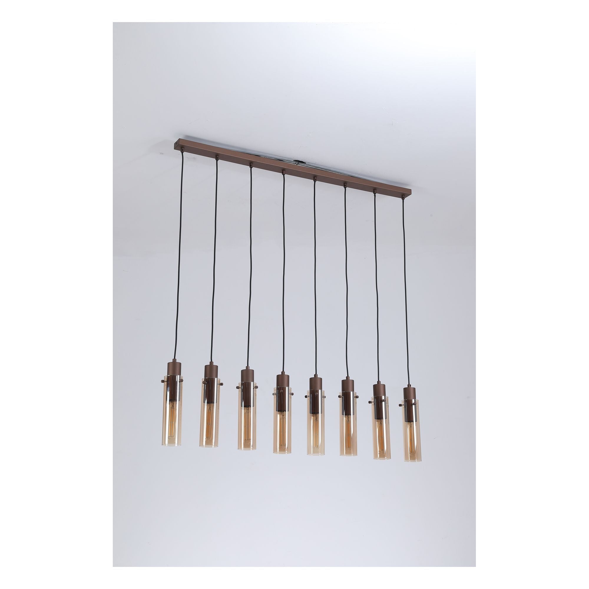 Searchlight Sweden II 8 light bar pendant in mocha metal, alternate angle of the full fitting suspended from the ceiling